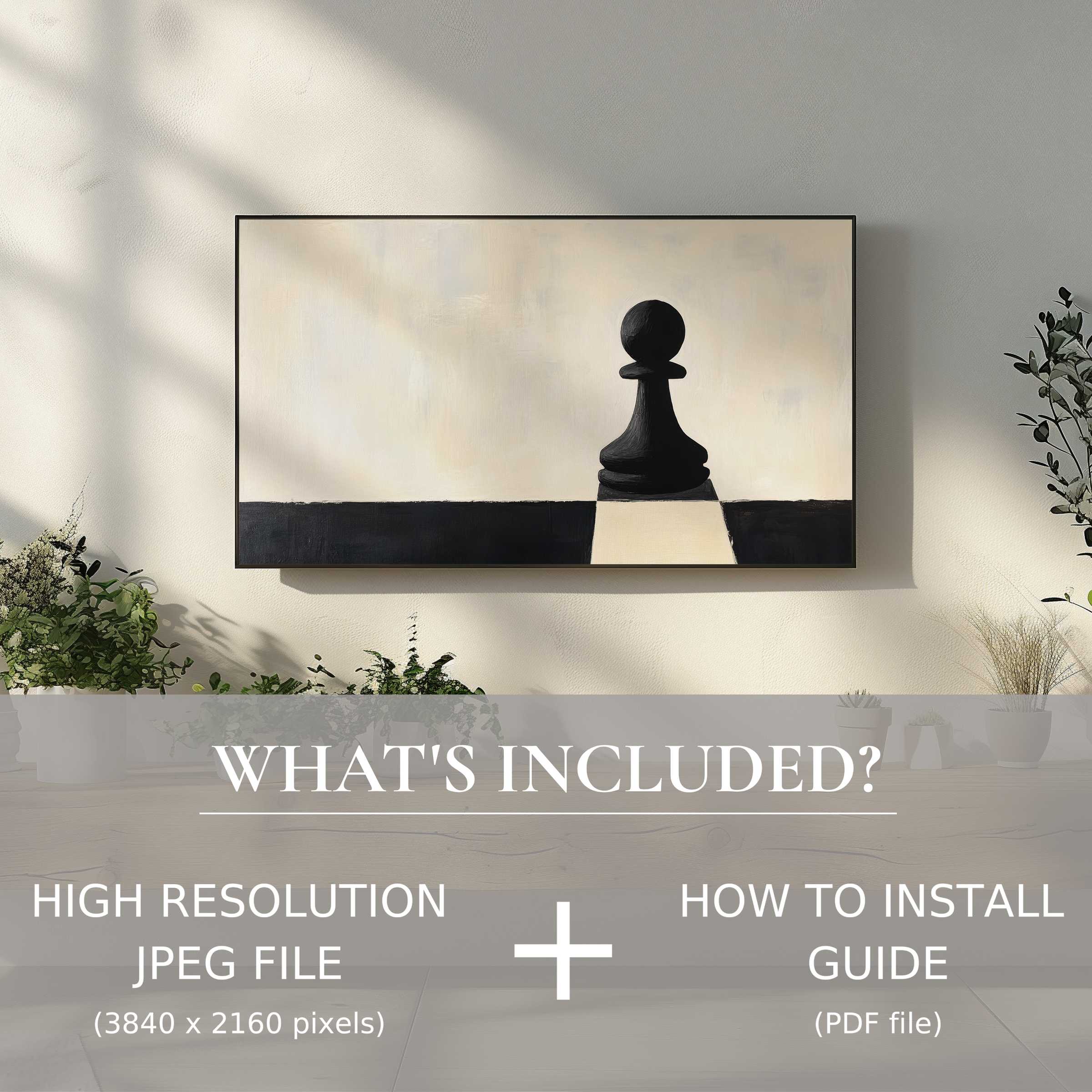 Minimalist digital TV art download of chess pawn enriches sleek living space, offering easy digital use and modern elegance