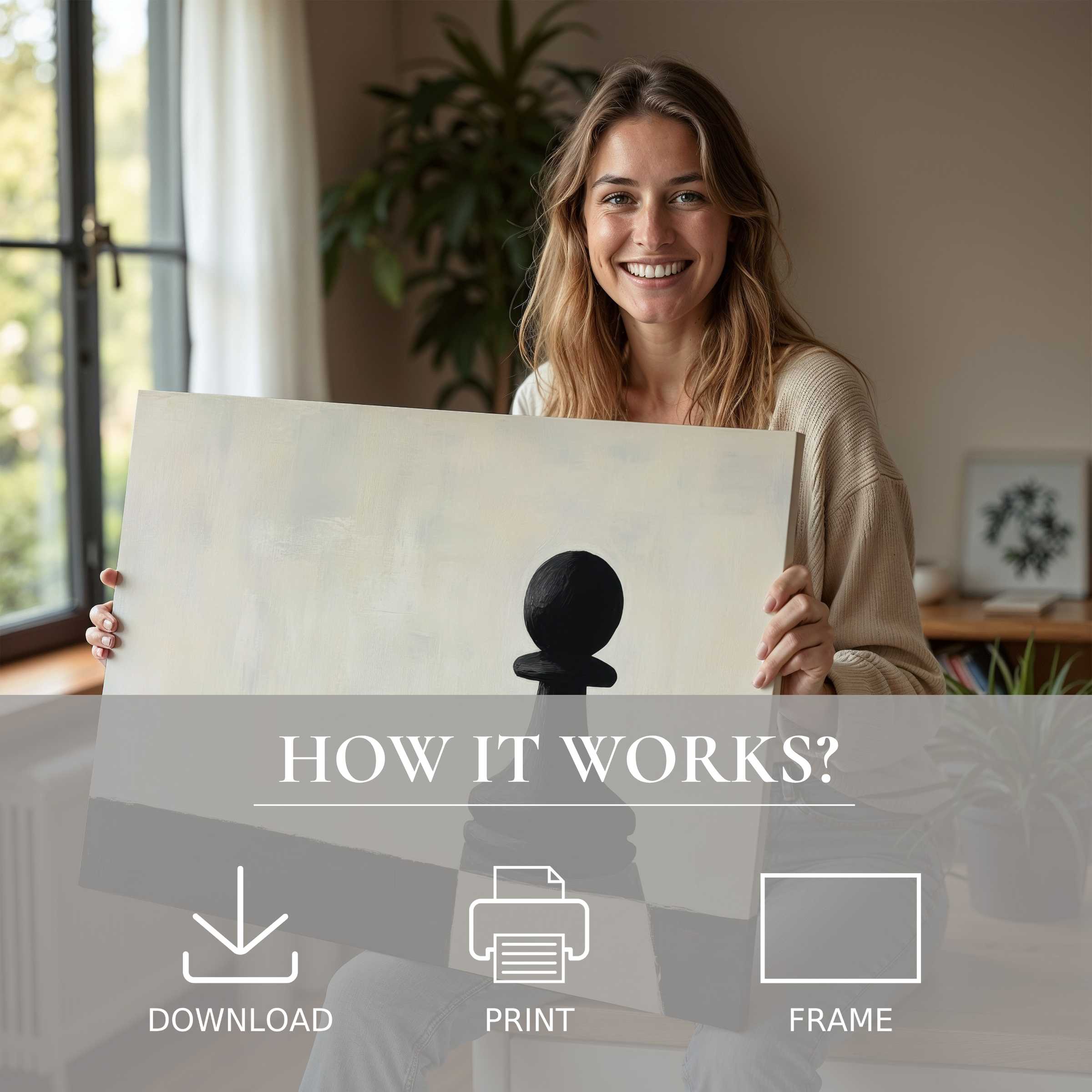 A joyous moment unfolds as serene minimalist digital art print brightens a chic, modern home, inviting effortless elegance