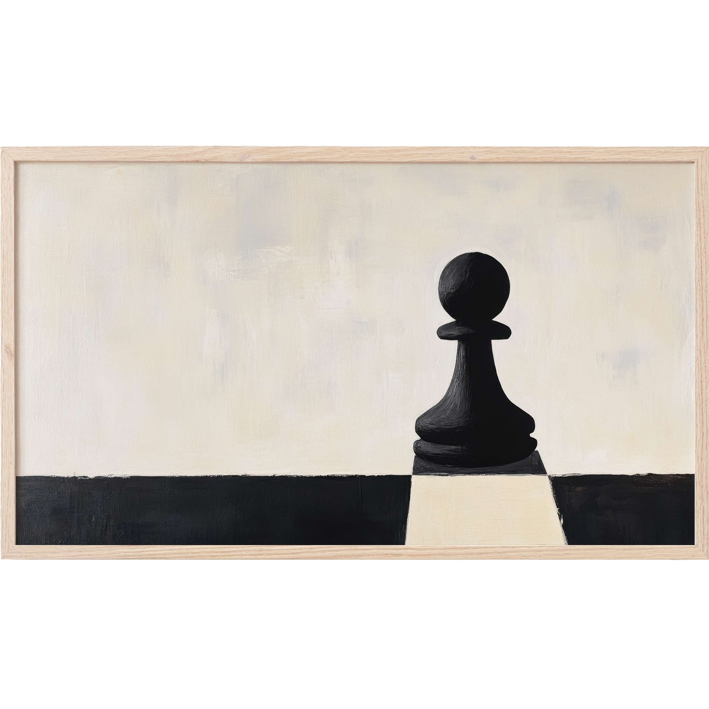 Minimalist Frame TV Art featuring a black chess pawn on a textured cream and black checkerboard background