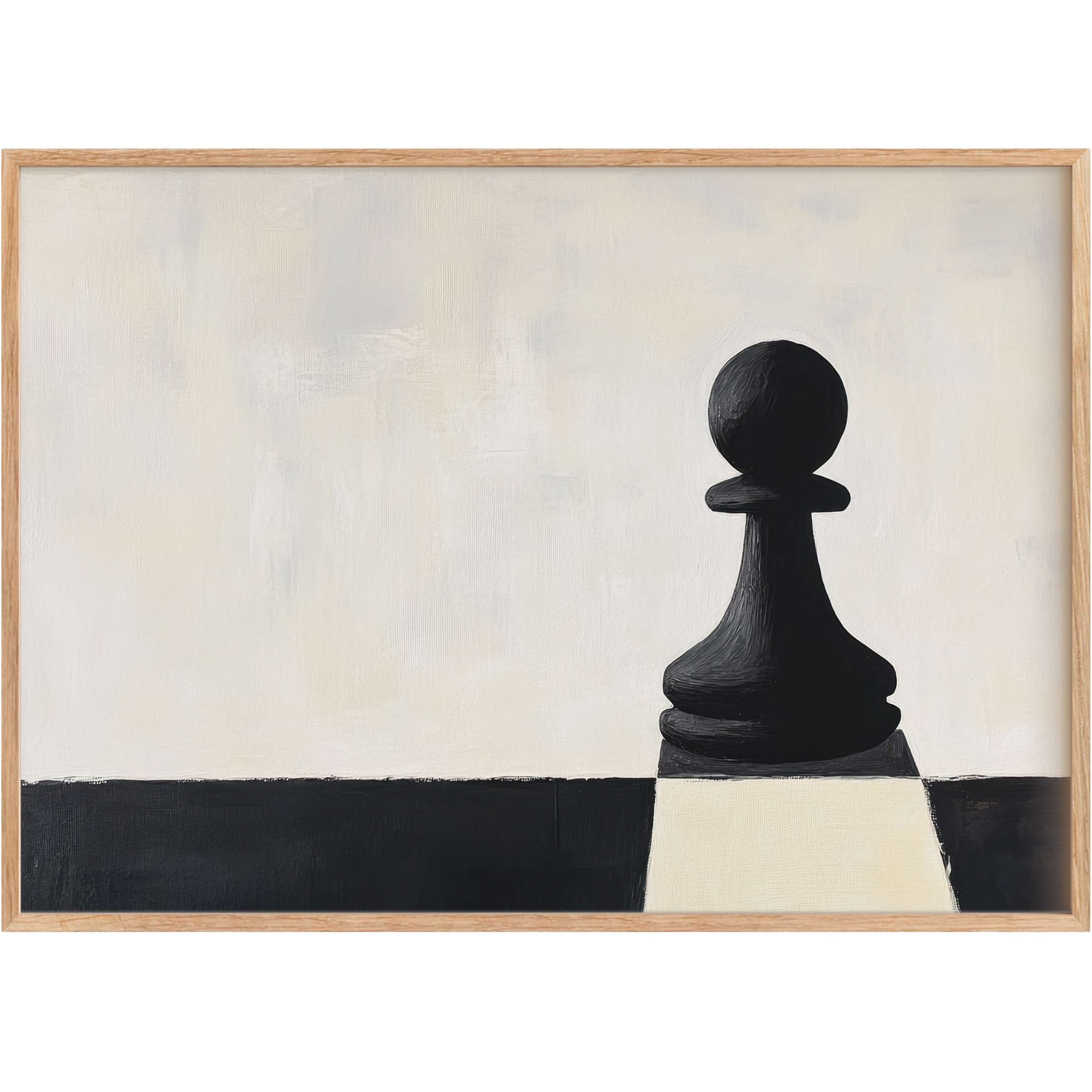 Bold minimalist printable wall art featuring a black chess pawn on a soft ivory and charcoal grid, evoking calm confidence and refined strategy