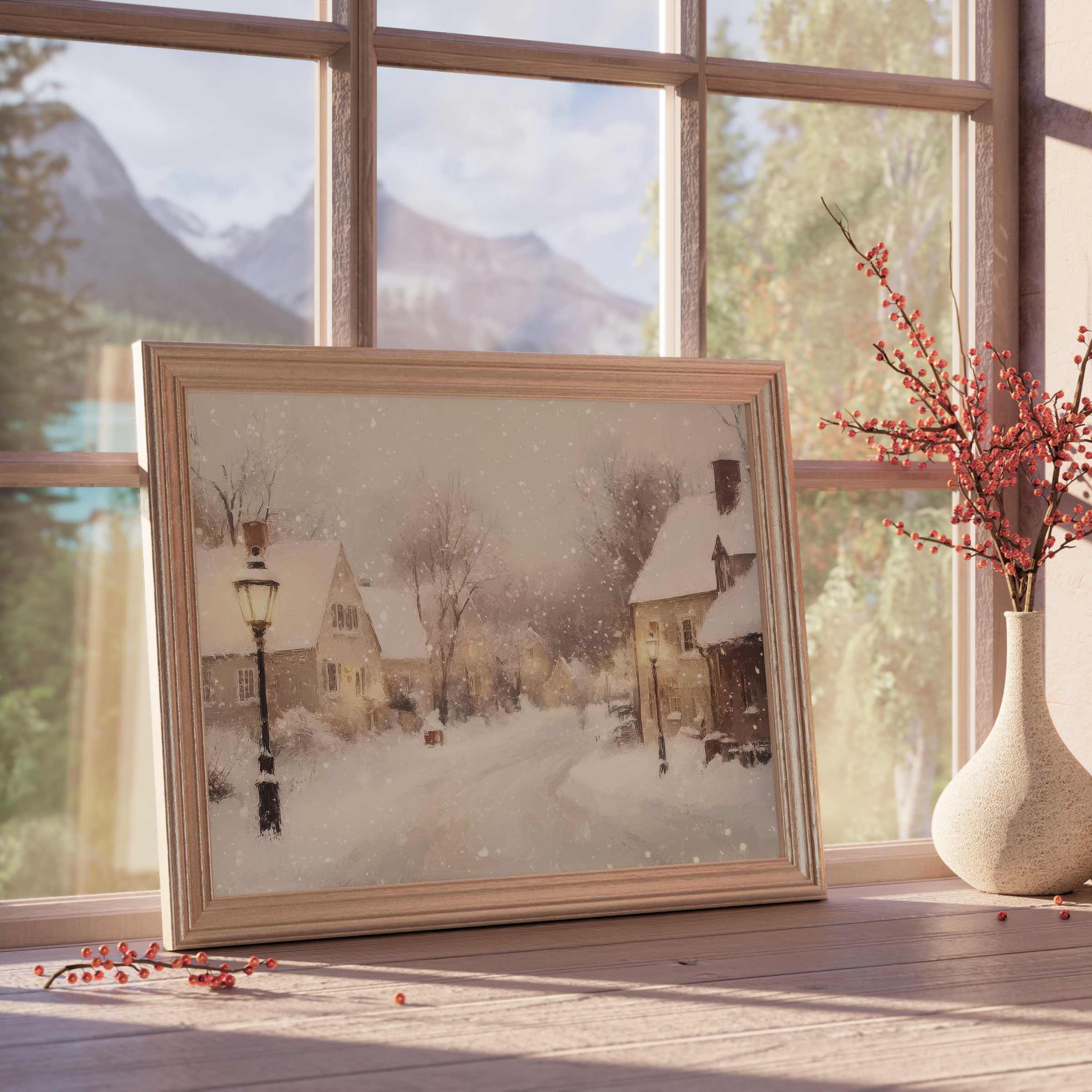 Christmas downloadable art capturing a serene snow-covered village at dusk, enhancing curated, tranquil, design-forward interiors with soft light and warm ambiance