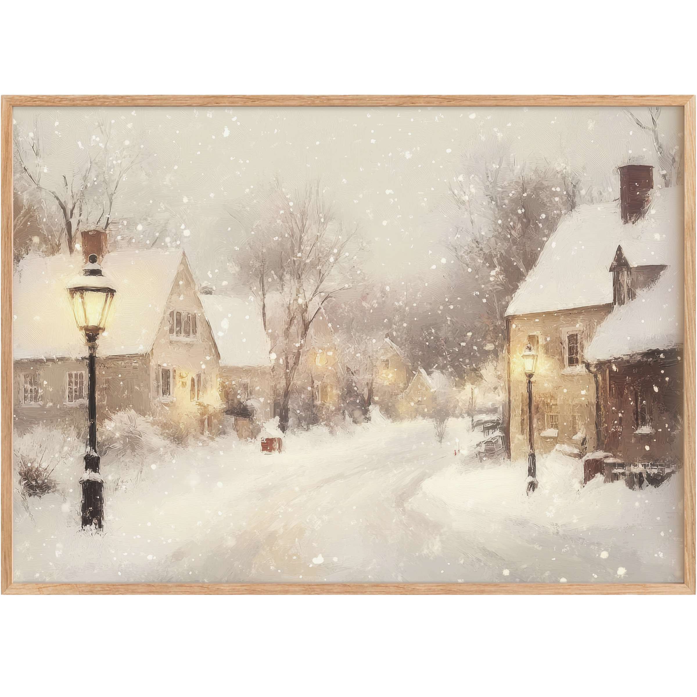 Snowy village scene bathed in warm lamplight, evoking serene nostalgia and cozy charm-perfect Christmas printable wall art