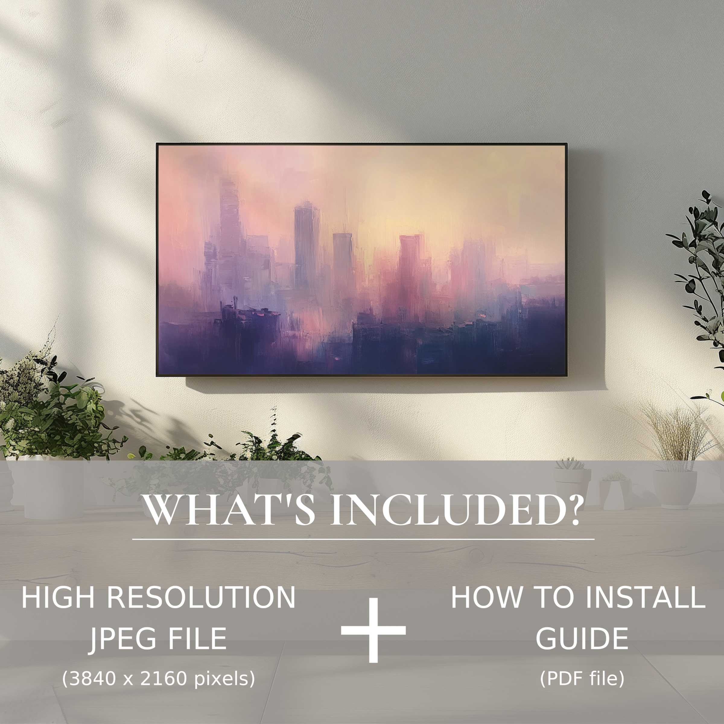 Elegant urban digital TV art download enhances living spaces with easy use; includes high-res JPEG and install guide