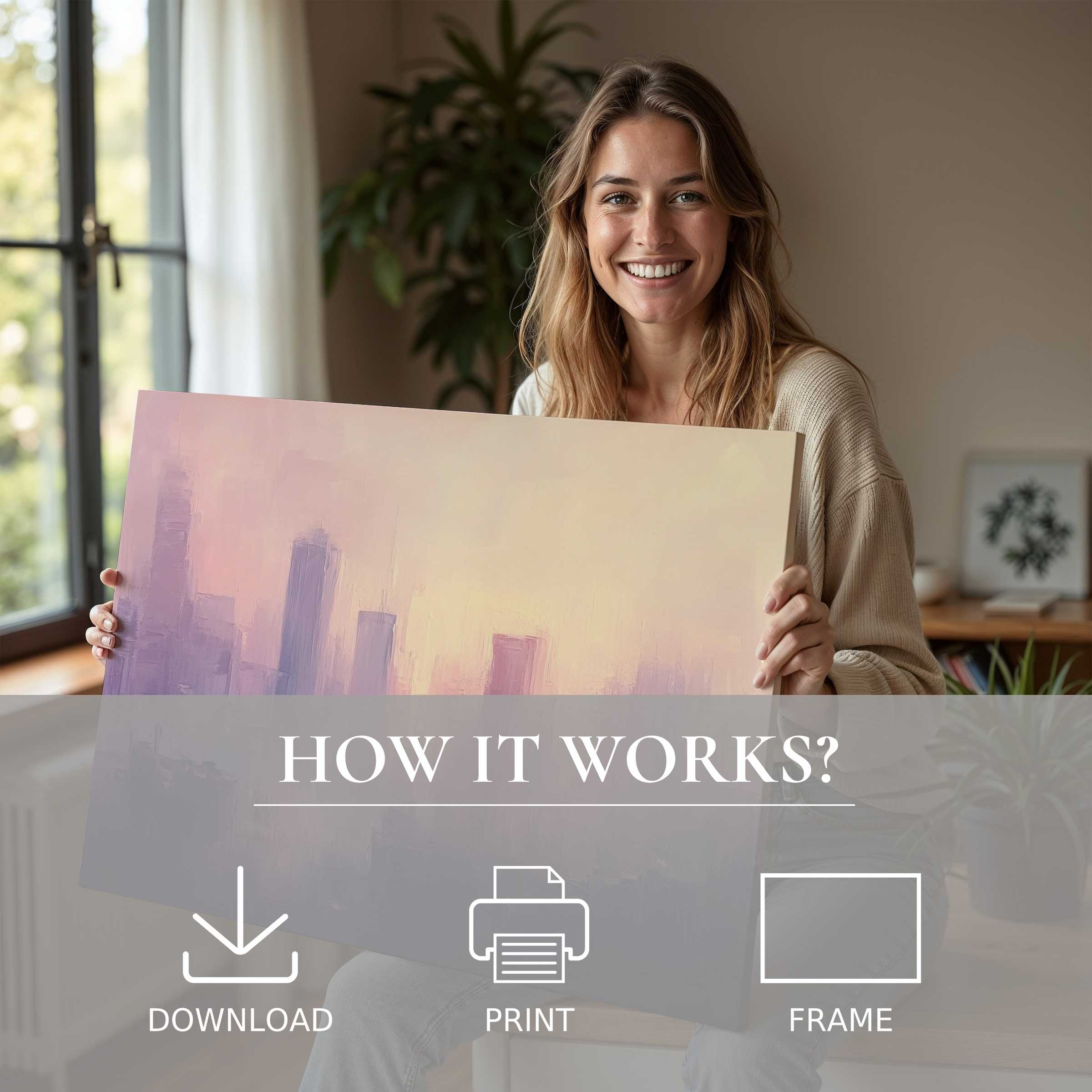 Woman radiates joy in a sunlit modern home, embracing an urban digital art print's soft pastel hues, celebrating effortless elegance