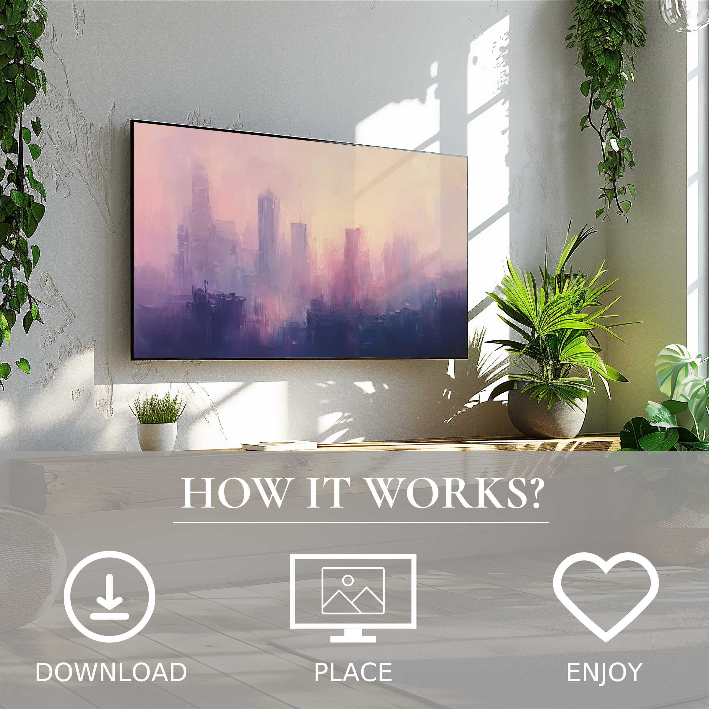 Urban art for Samsung TV: soft sunset tones on The Frame TV, easy digital download to enrich modern living spaces