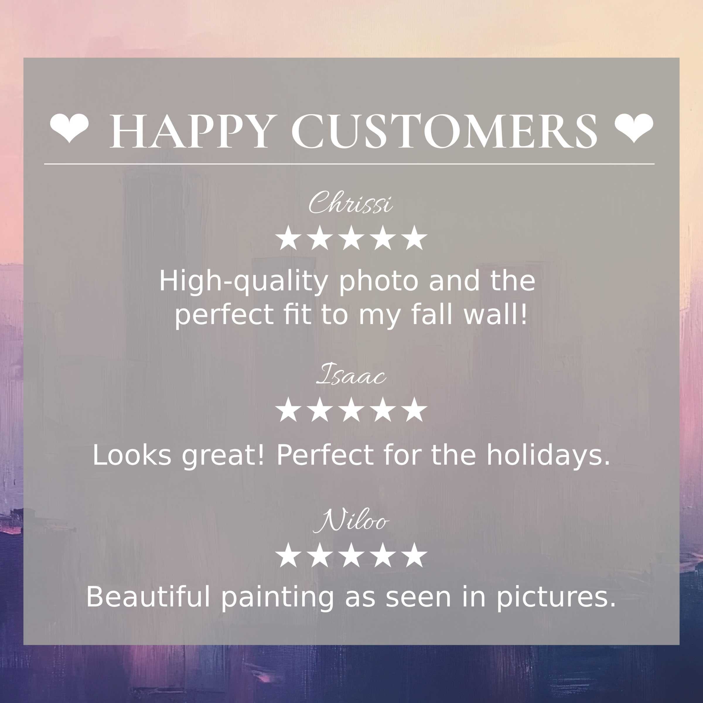Urban art for Frame TV with abstract sunset hues, featuring happy customer reviews that inspire trust and elegance