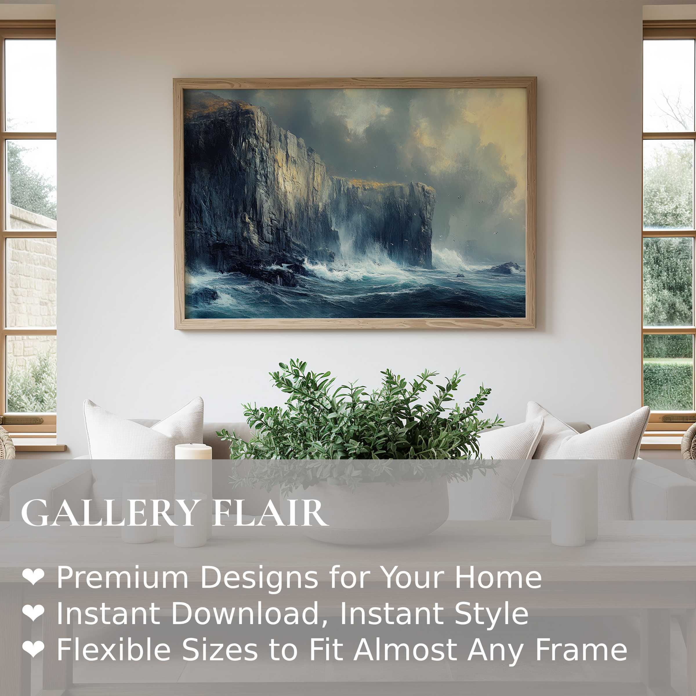 Vintage wall art print of a dramatic sea cliff under moody skies, adding bold coastal elegance to minimalist modern interiors
