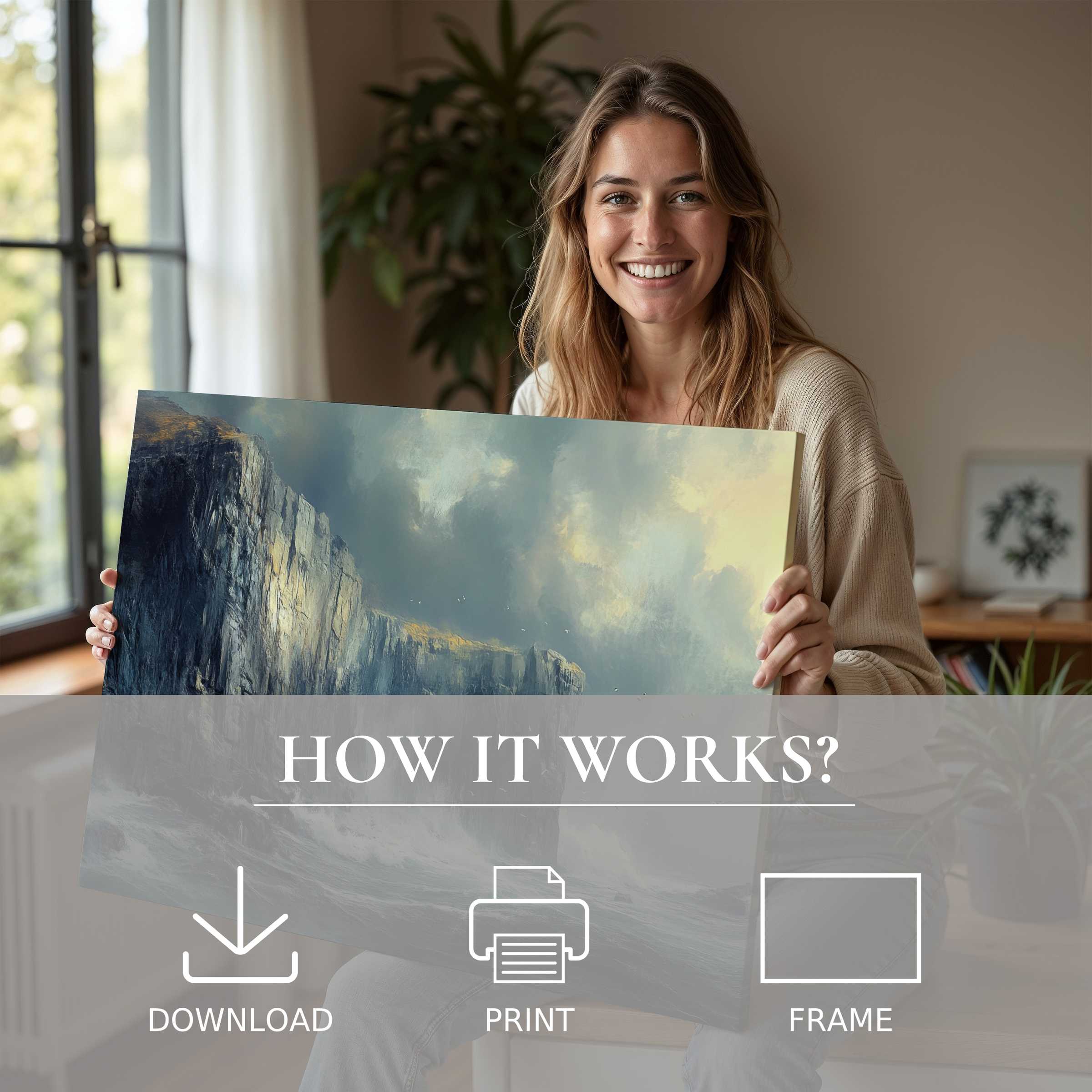 Radiant joy of a vintage digital art print embraced in a serene modern home, transforming space with timeless elegance