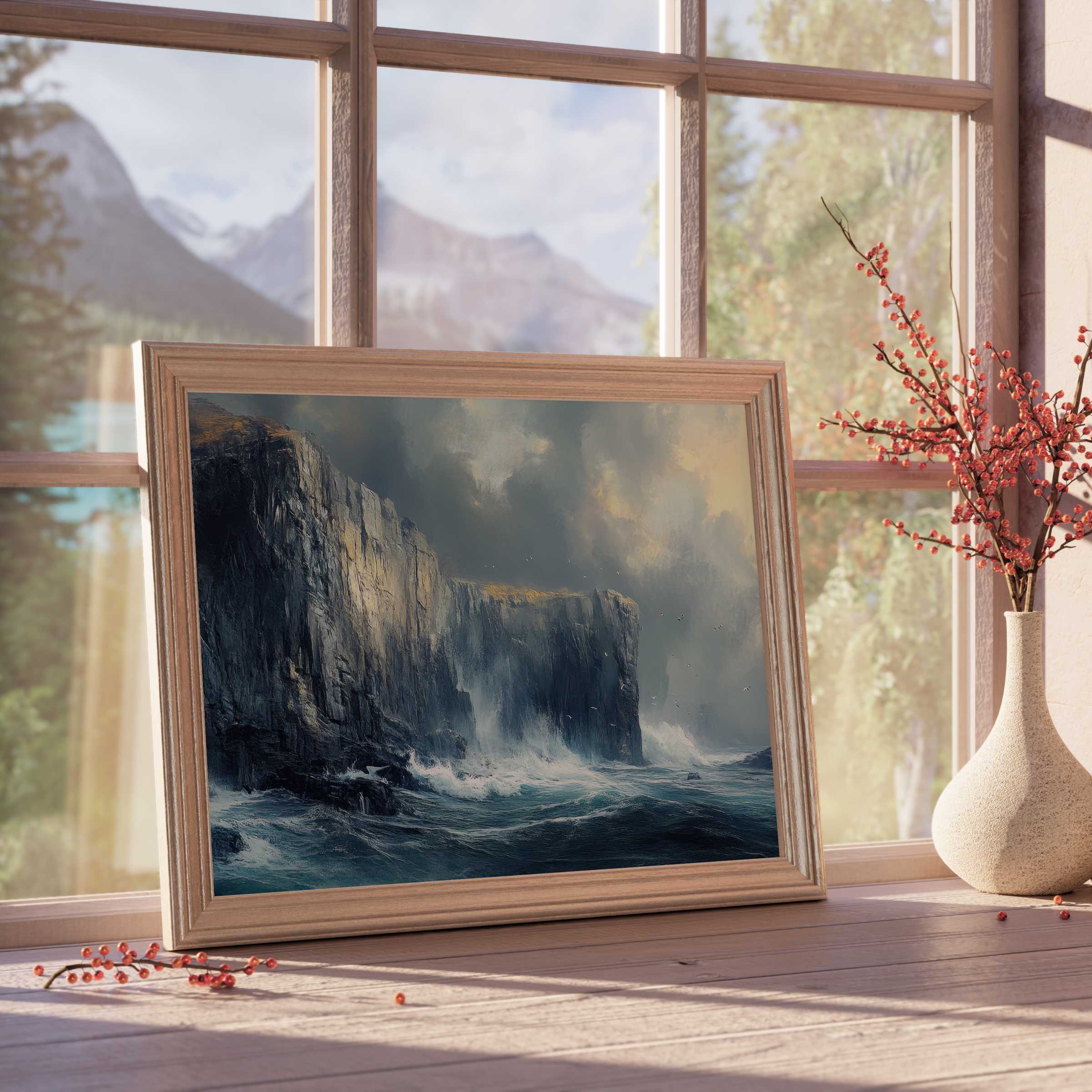 Vintage downloadable art capturing dramatic coastal cliffs and turbulent waves, elevating serene, curated interiors with timeless elegance