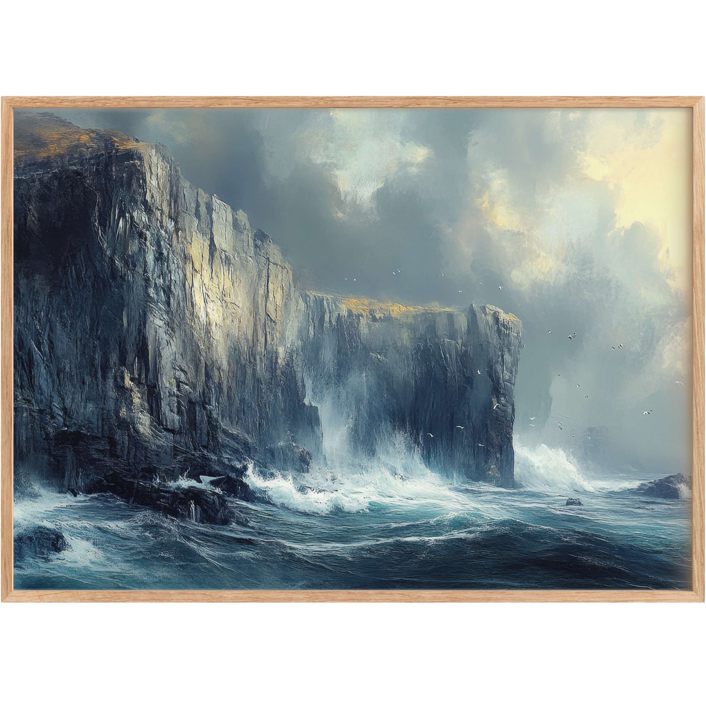 Vintage printable wall art capturing a dramatic cliffside with stormy blues and soft sunlight, evoking a powerful, serene ambiance