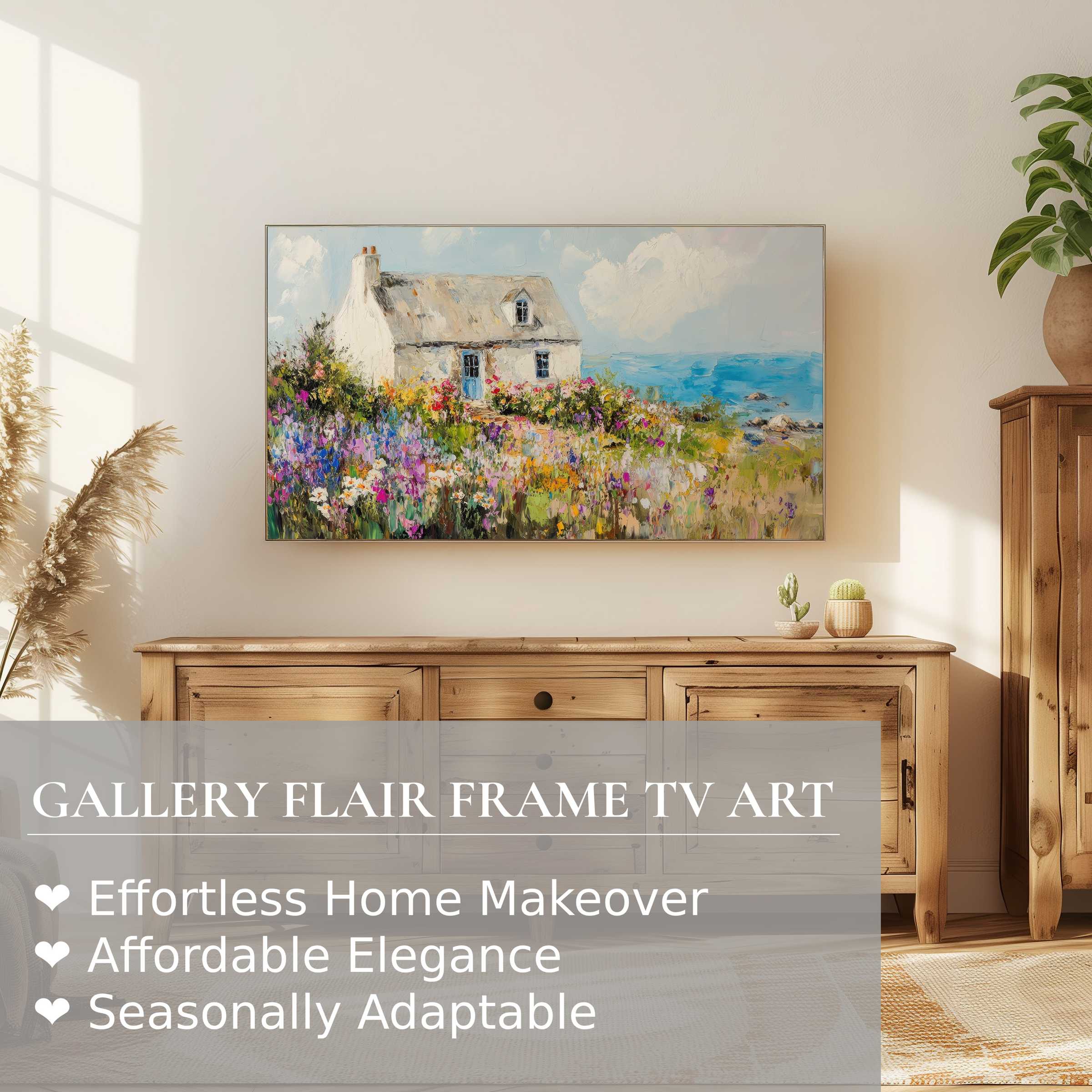 Samsung Frame TV displaying coastal digital artwork in a serene, modern room with natural wood accents