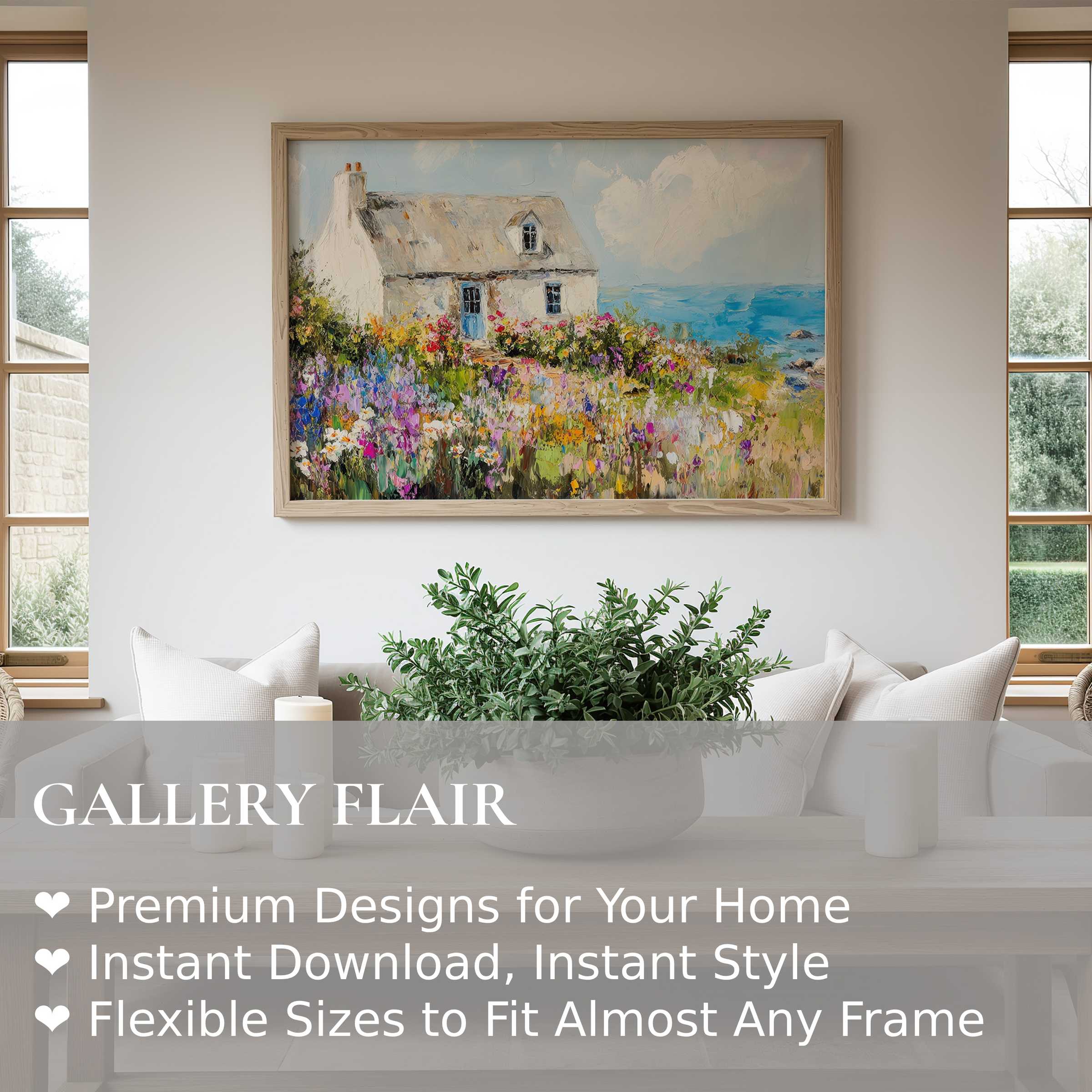 Coastal wall art print featuring a radiant seascape cottage with vibrant wildflowers, enhancing serene modern farmhouse interiors