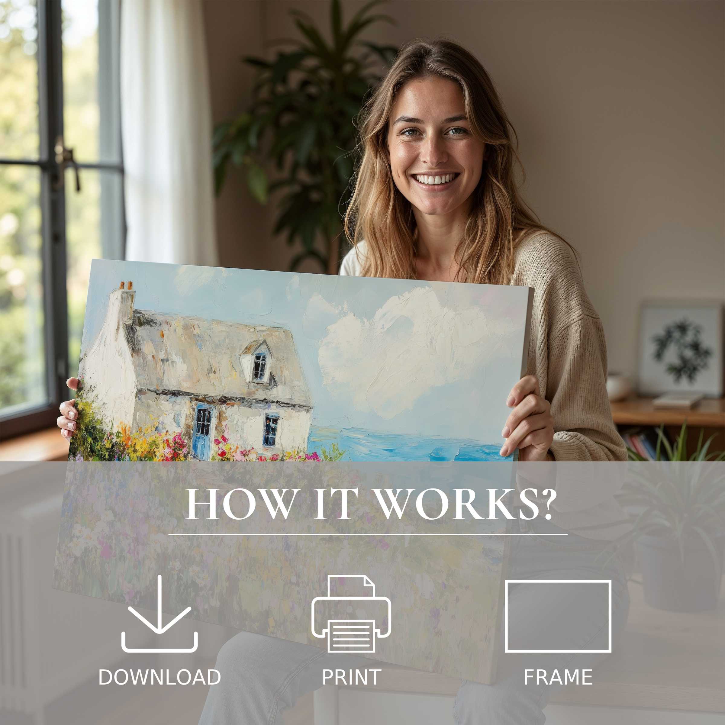 Joyful moment in a modern home embracing coastal digital art print’s serene charm, effortlessly enriching space