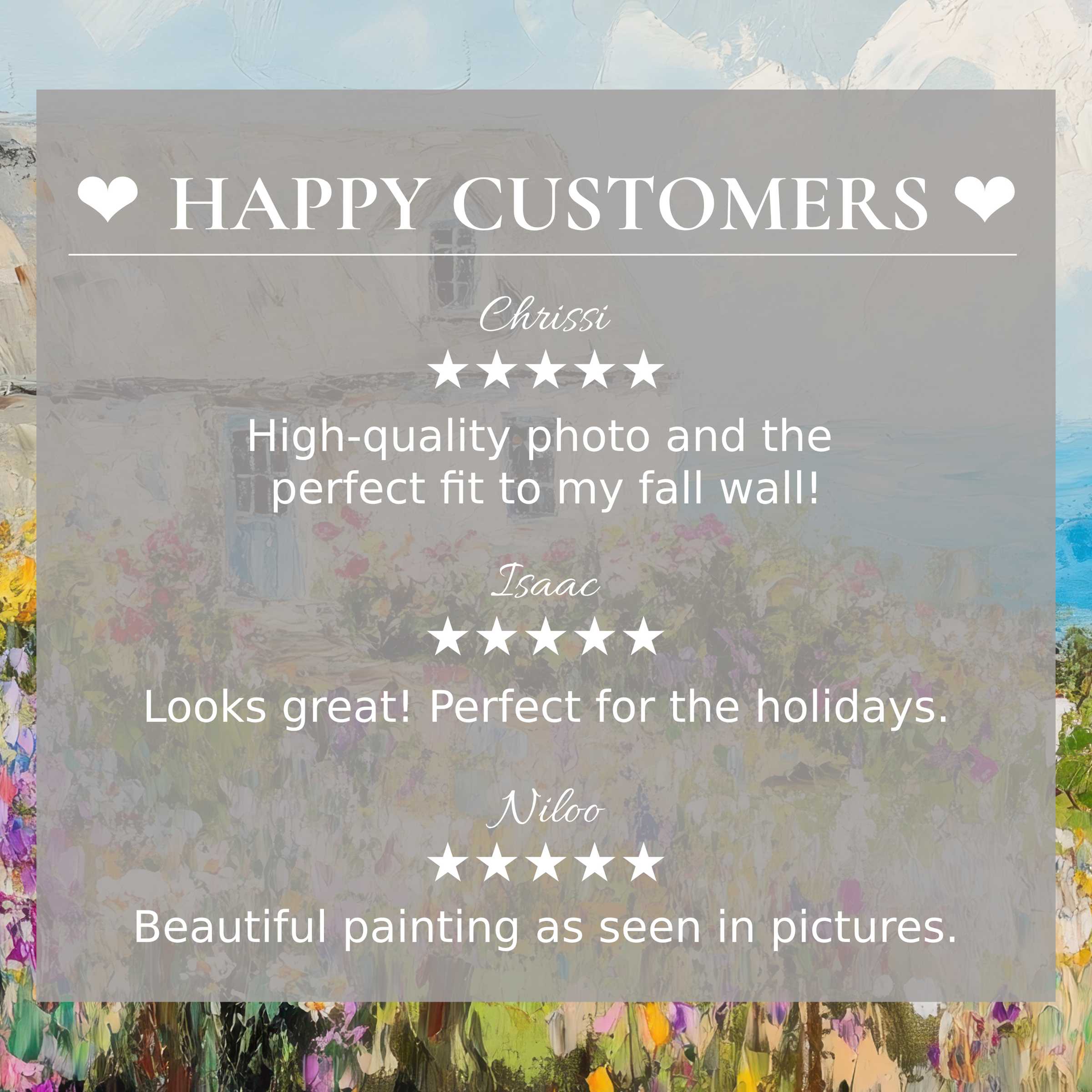 Refined coastal art for Frame TV with abstract floral background, showcasing happy customer reviews for trusted elegance