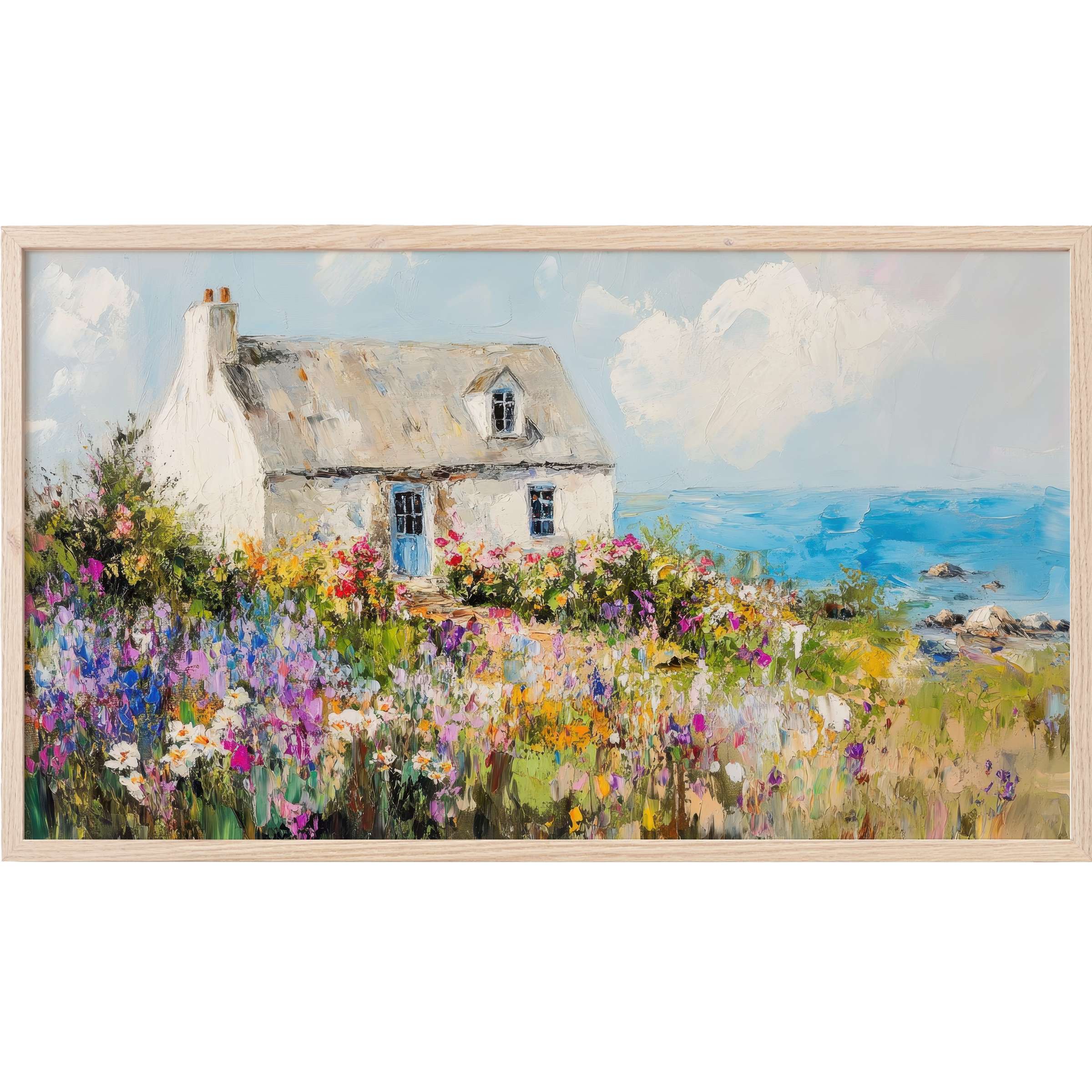 Coastal Frame TV Art depicting a serene cottage with vibrant wildflowers in textured pastels and soft seaside blues