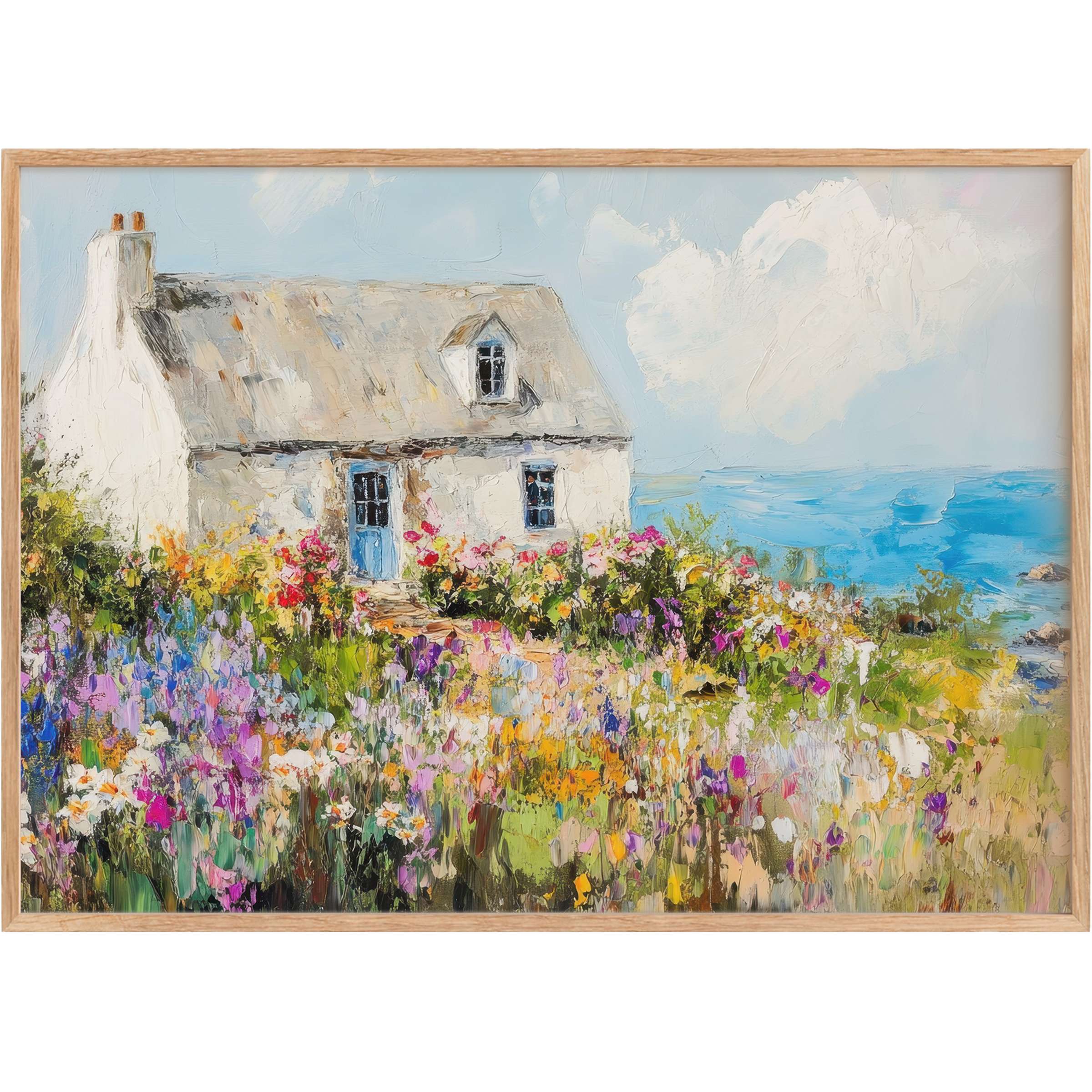 Coastal printable wall art featuring a quaint cottage amidst vibrant blooms and serene ocean hues, evoking a radiant, uplifting ambiance
