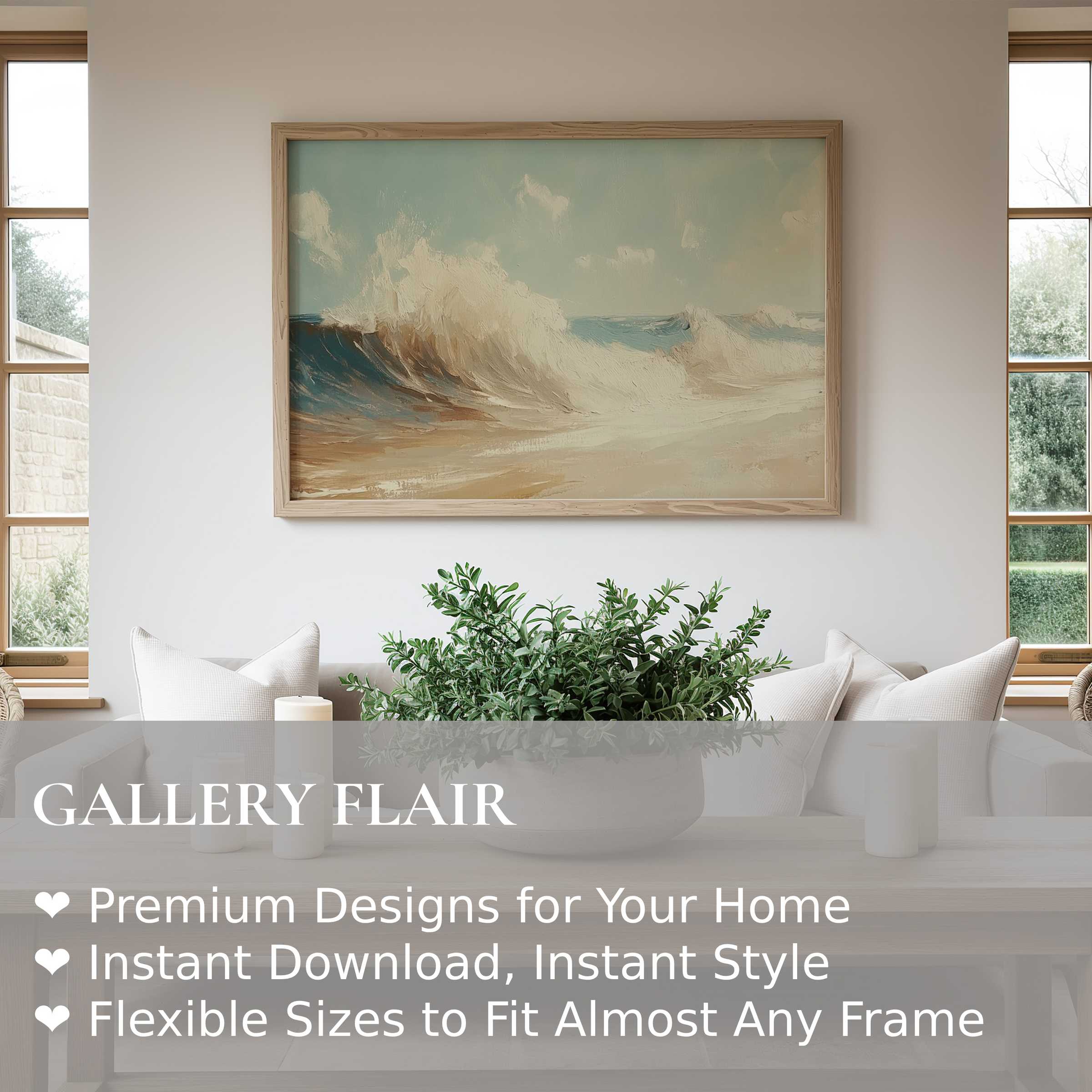 Summer wall art print of serene ocean waves in soft blues and warm sands enhances a modern minimalist living room with calming coastal elegance