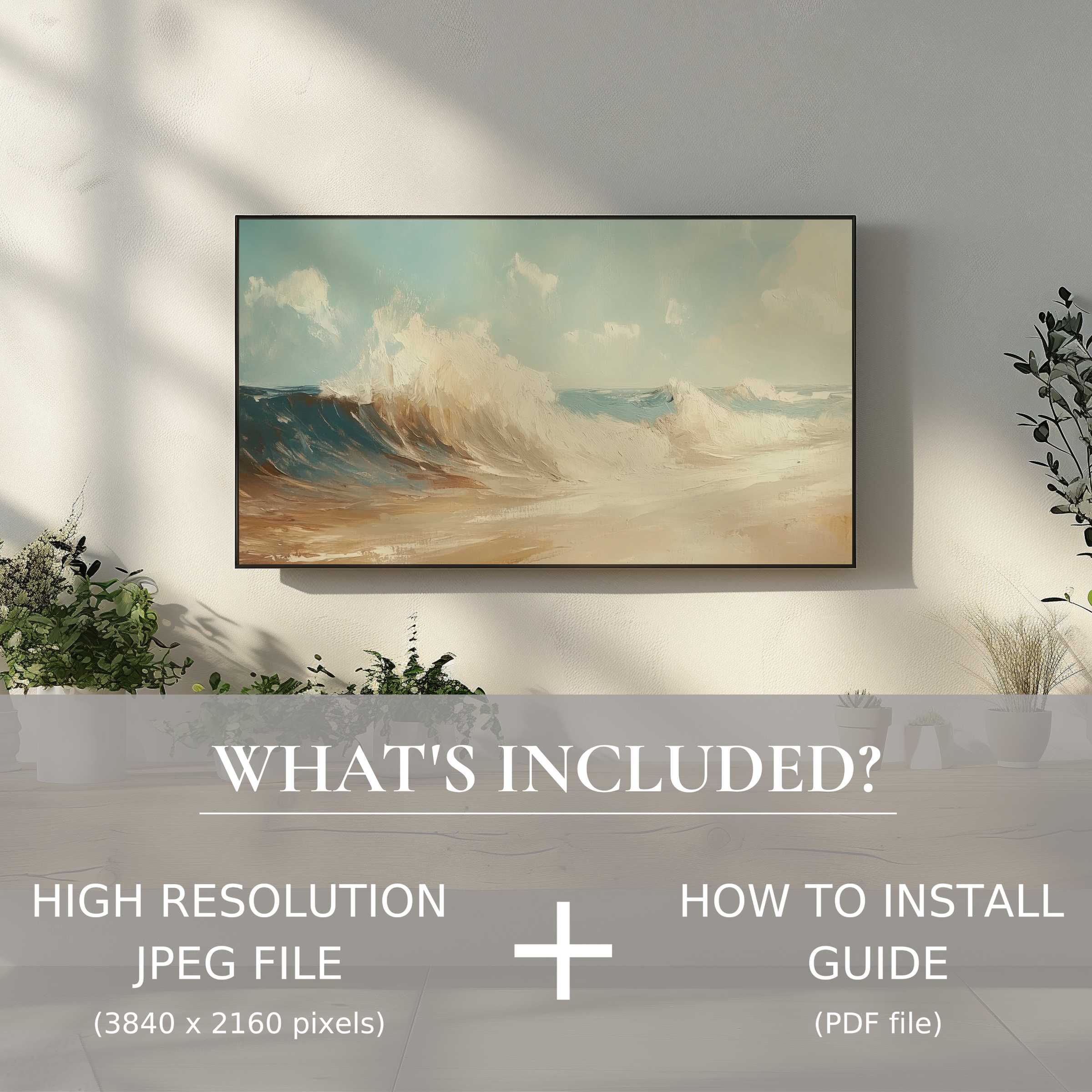 Elegant summer digital TV art download with easy use, transforming your living space with soothing ocean wave imagery