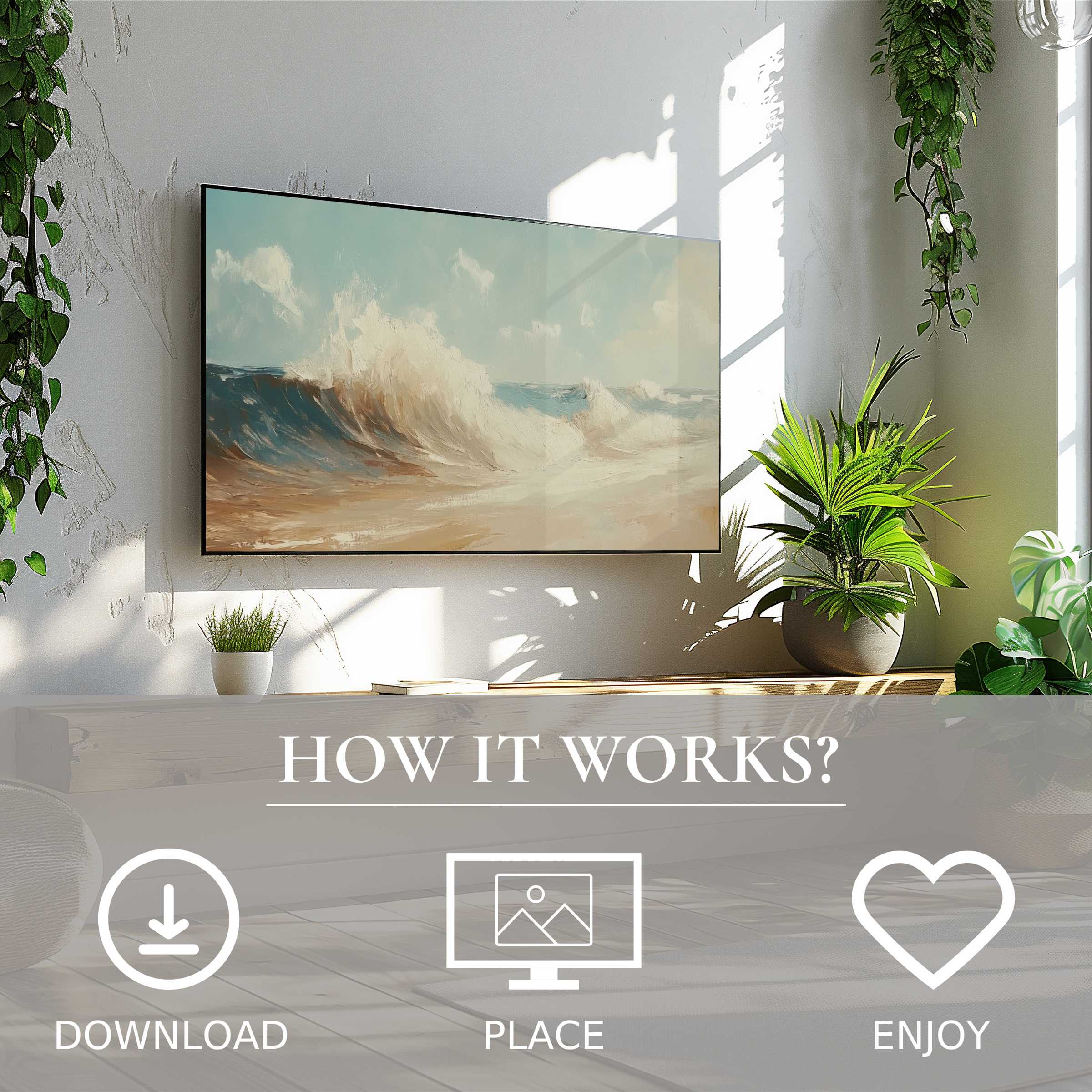 Summer art for Samsung TV shows soft ocean waves; easy digital download enriches modern living with serene décor