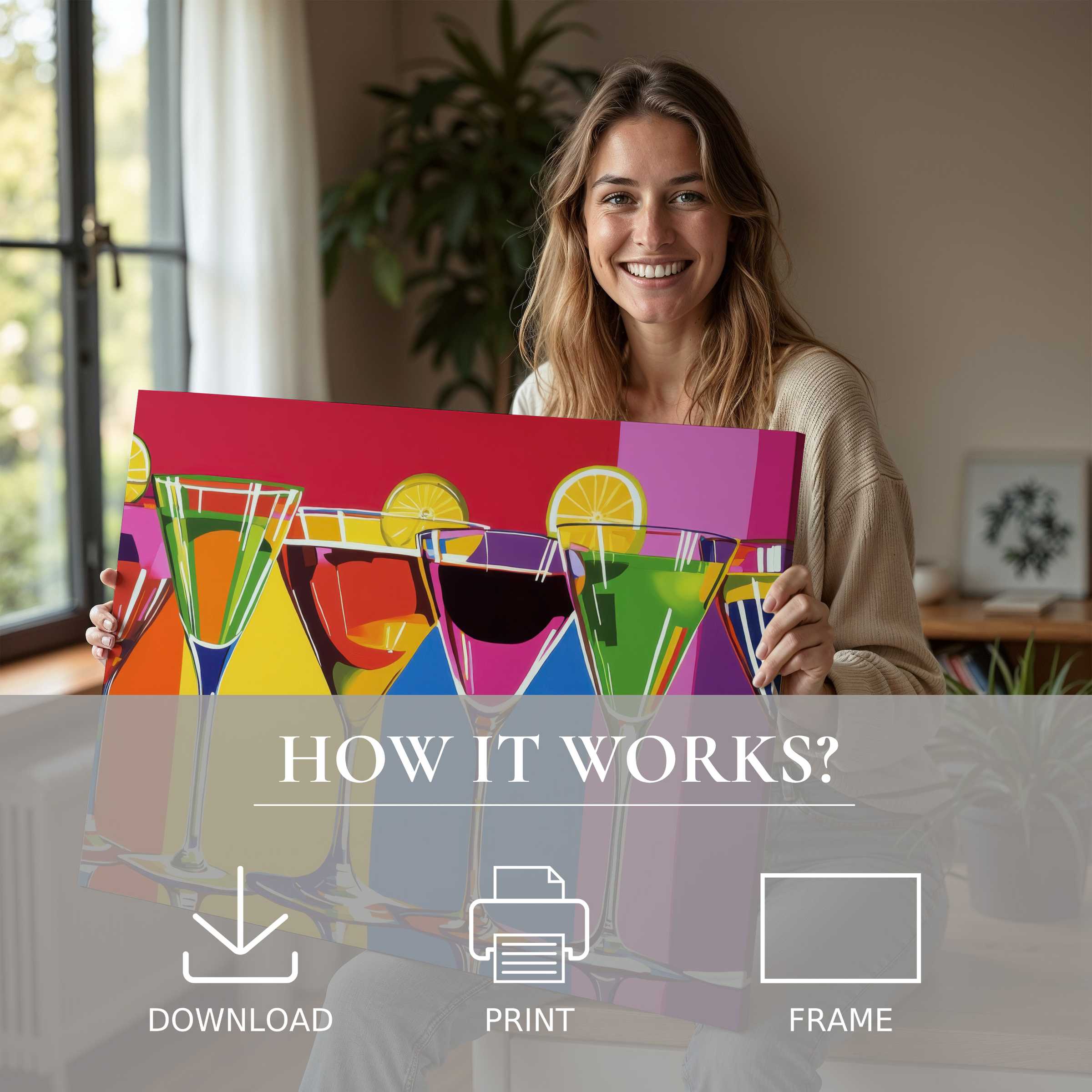 A joyful woman embraces vibrant pop art digital art print in a sunlit, stylish home, capturing the ease and beauty of living with art