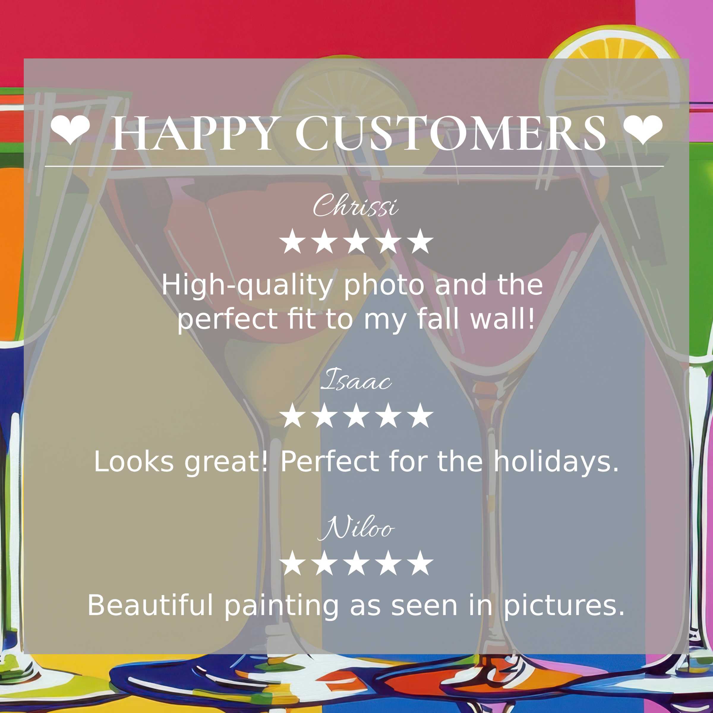 Pop art for Frame TV with vibrant sunset hues, showcasing happy customer reviews and refined, trusted design