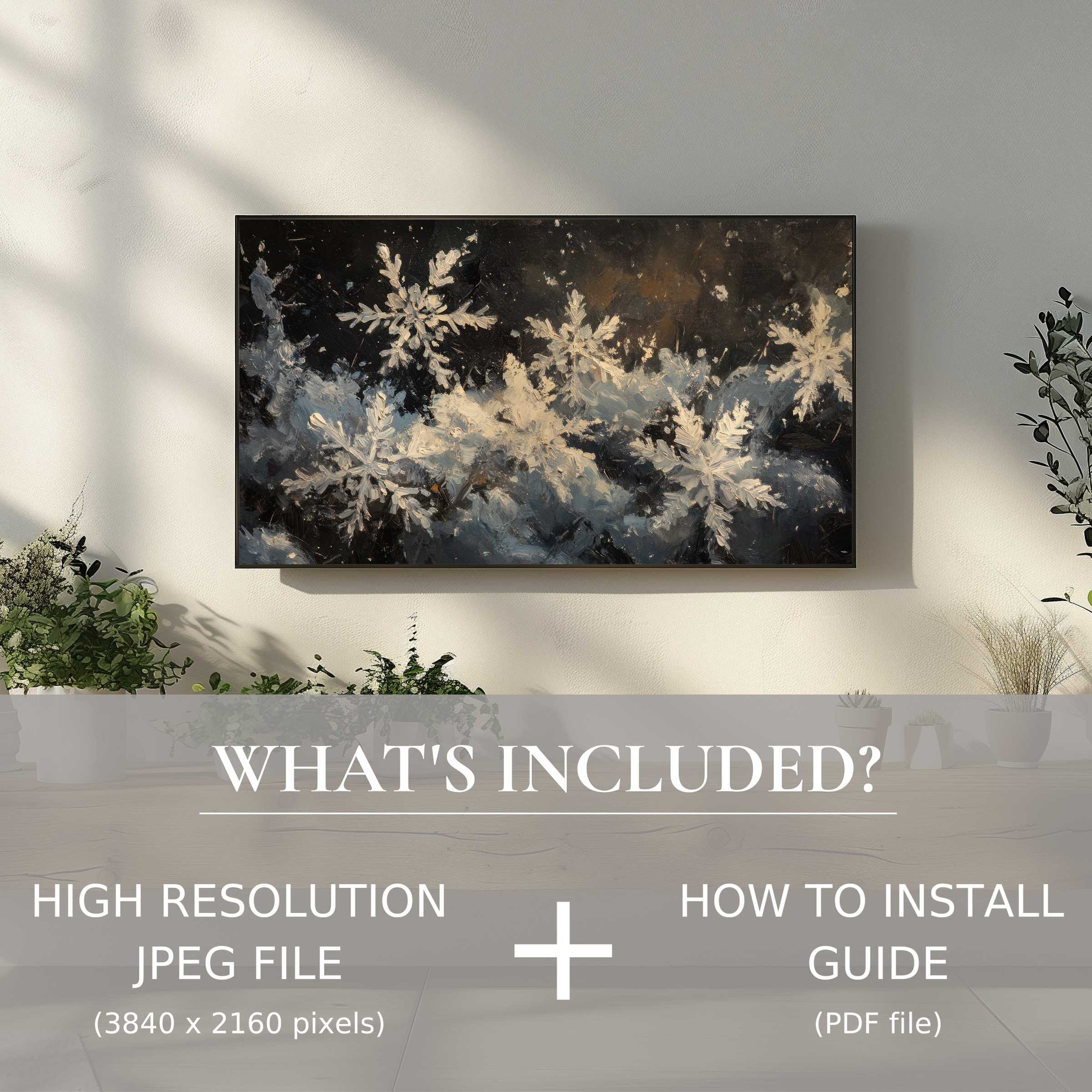 Chic living space enhanced by winter digital TV art download; easy digital use adds modern seasonal elegance