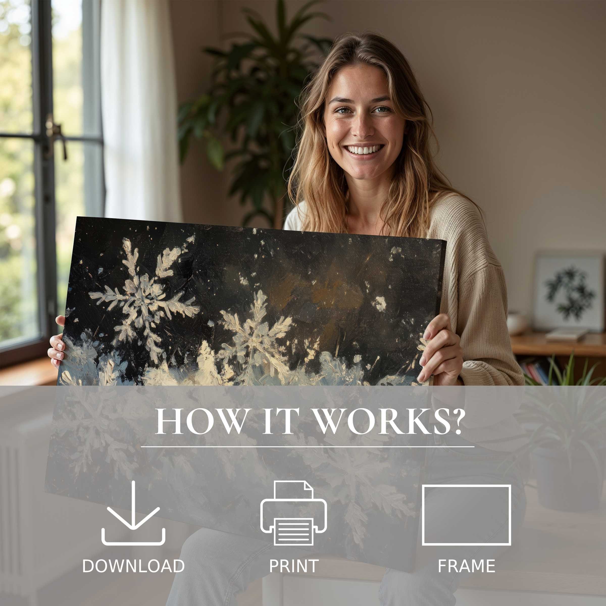 A woman joyfully sharing a winter digital art print with delicate snowflake tones, elevating modern home warmth