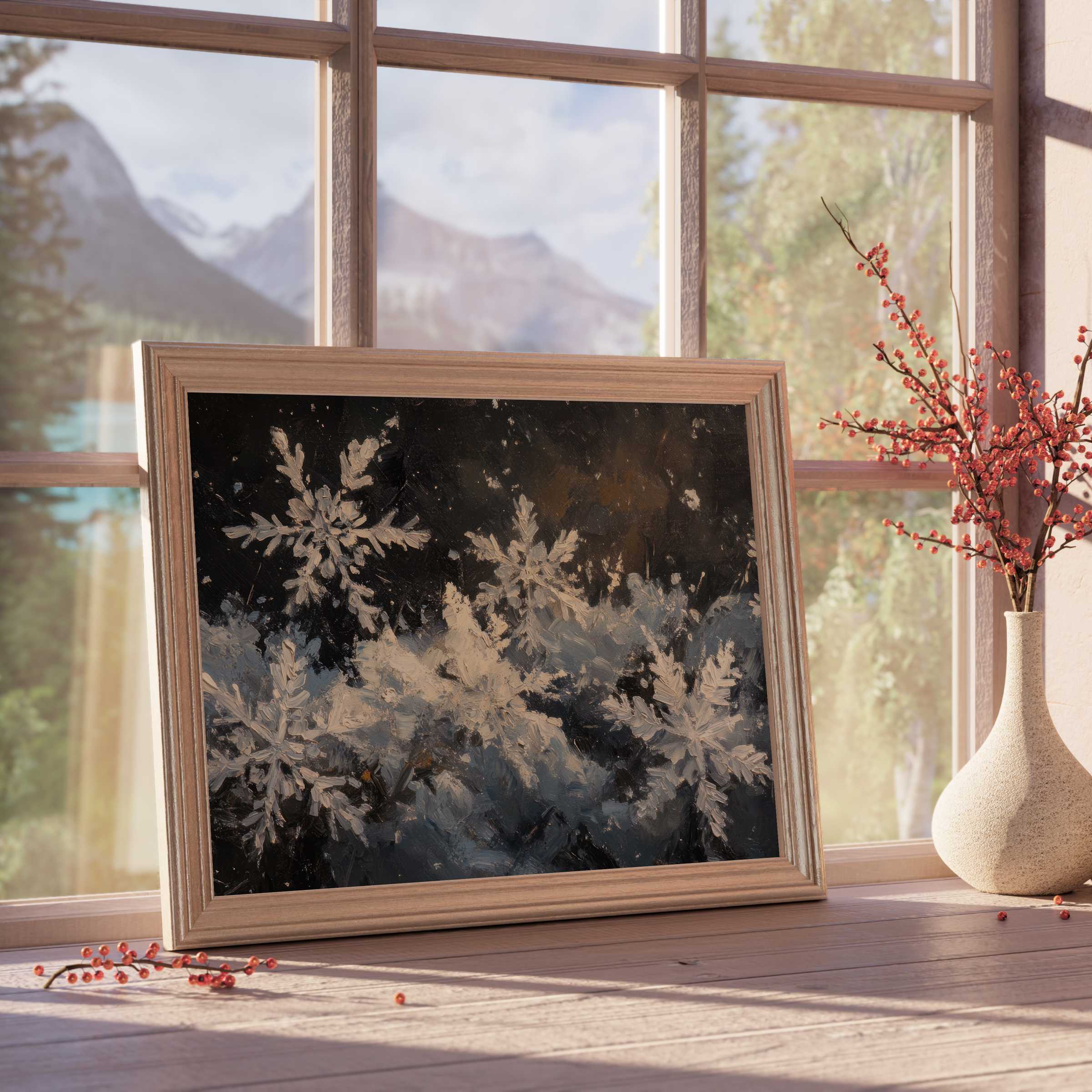 Winter downloadable art capturing intricate snowflakes in a serene midnight palette, perfect for elevating refined, tranquil interiors