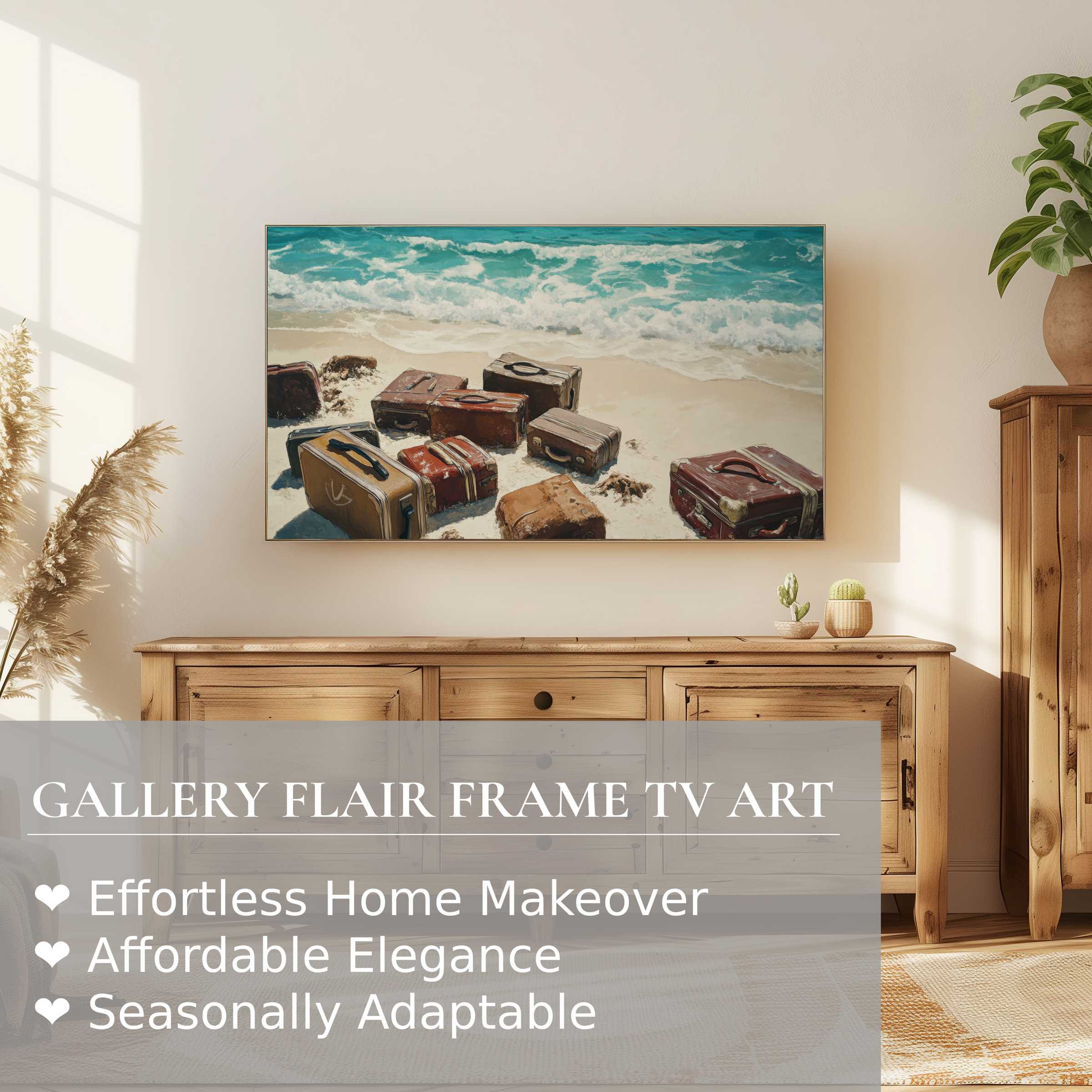 Modern Samsung Frame TV in warm coastal setting showcasing vibrant street art digital artwork with vintage suitcases