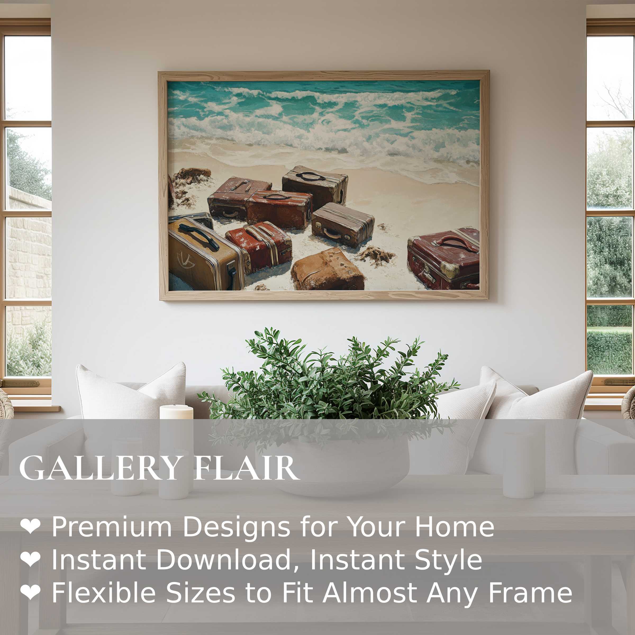 Bold street art wall art print featuring weathered suitcases on a serene beach shore, enhancing modern coastal interiors with nostalgic charm