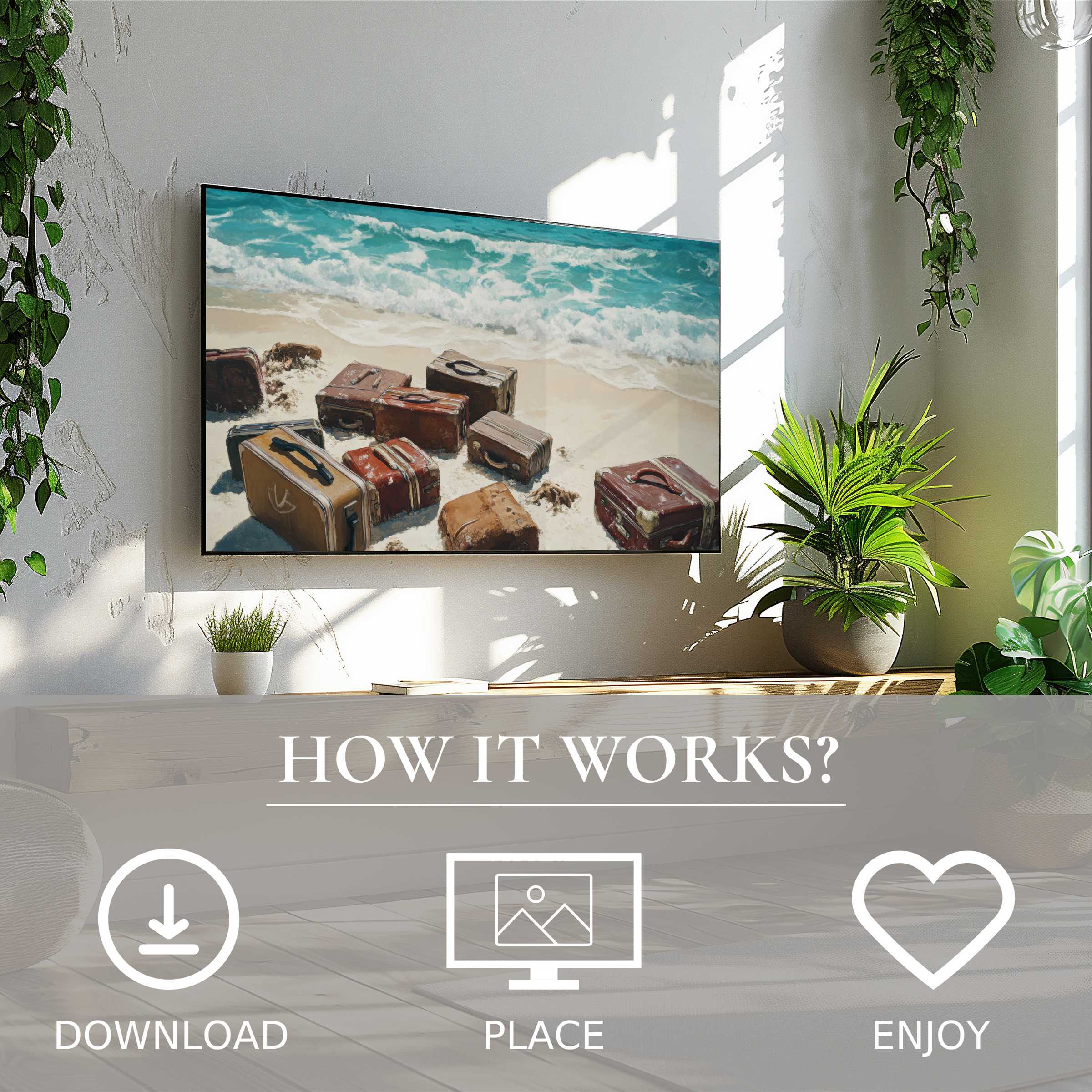 Modern living room with street art for Samsung TV showing suitcase motif and ocean waves, easy digital download
