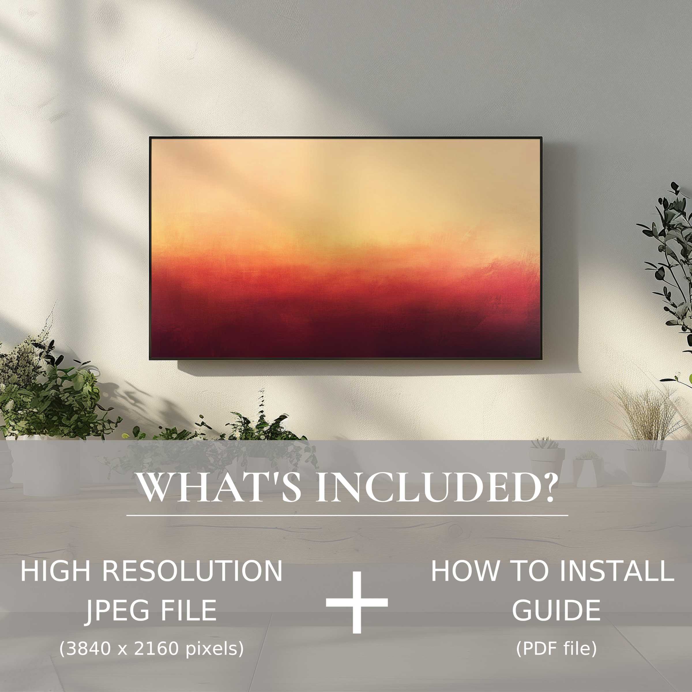 Elegant living room with abstract digital TV art download, enhancing space with easy digital use and modern style