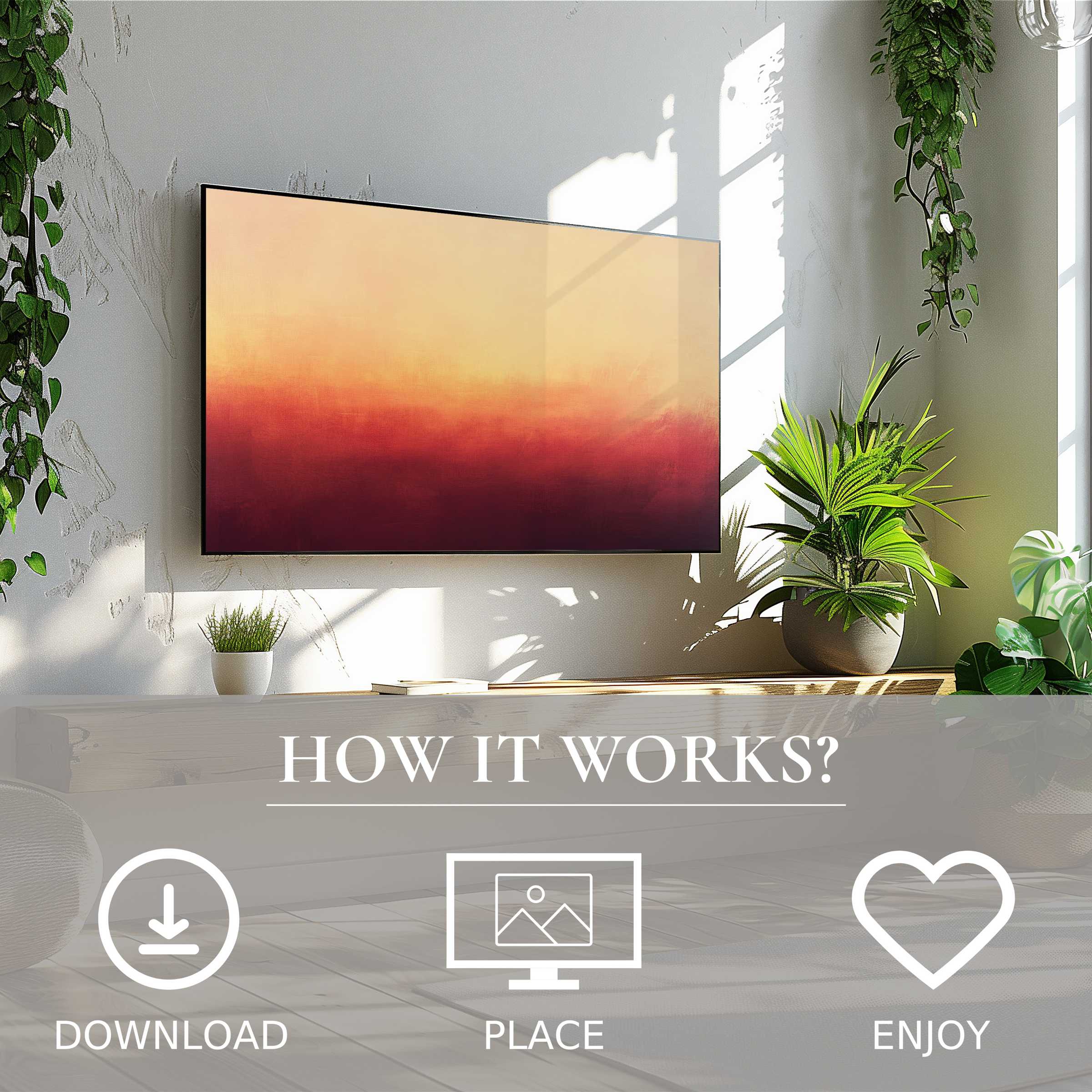 Modern living room with abstract art for Samsung TV in soft sunset tones; easy digital download enhances decor