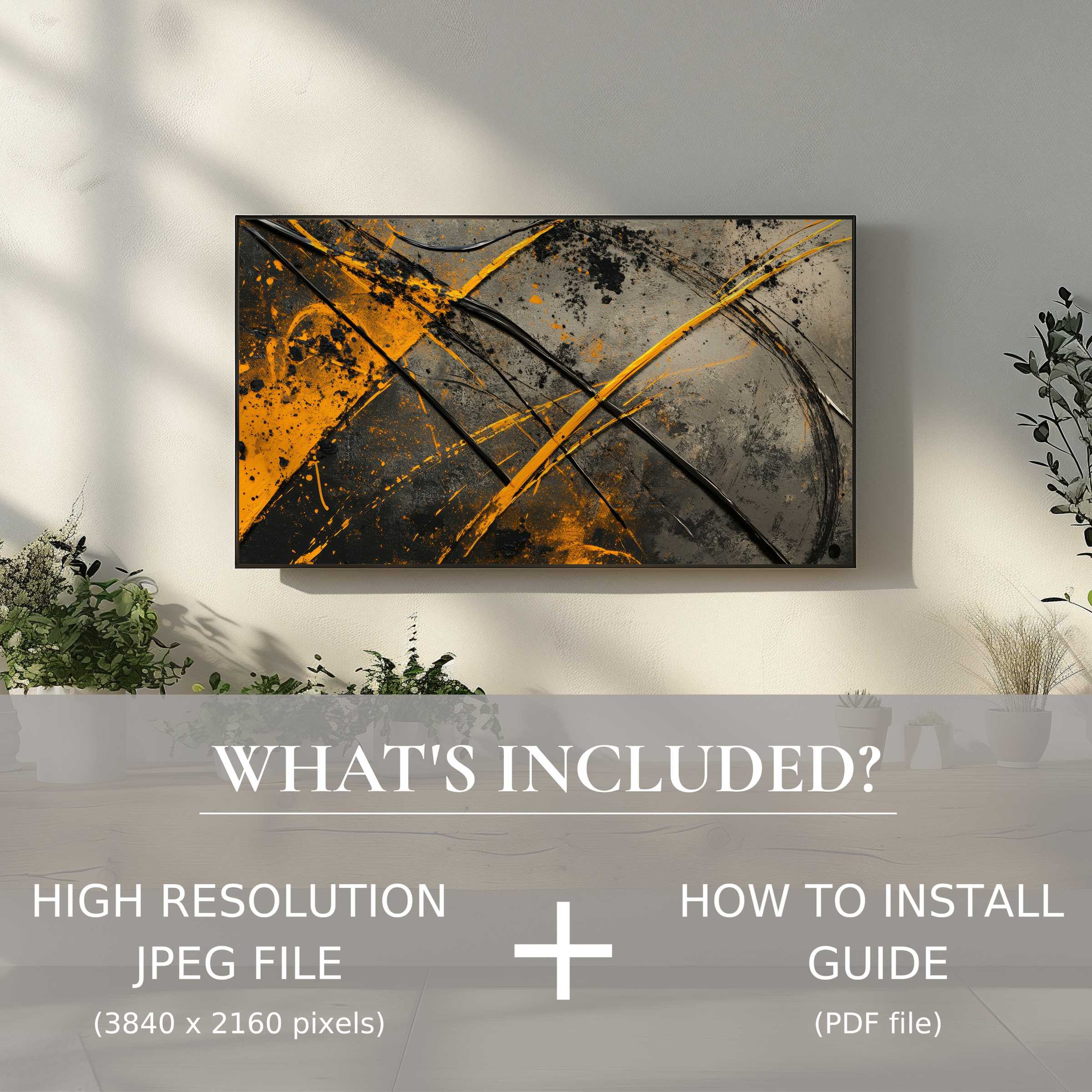 Elegant modern digital TV art download with easy use, enhancing living spaces with striking abstract orange and black design