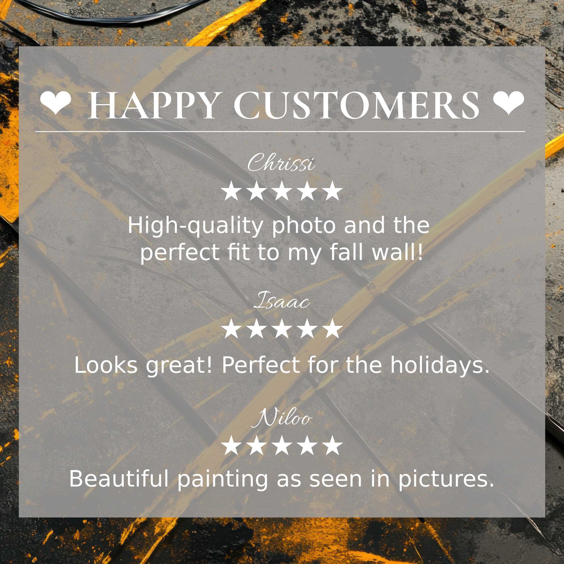 Happy customer reviews over abstract sunset colors highlight modern art for Frame TV’s elegant appeal and trust