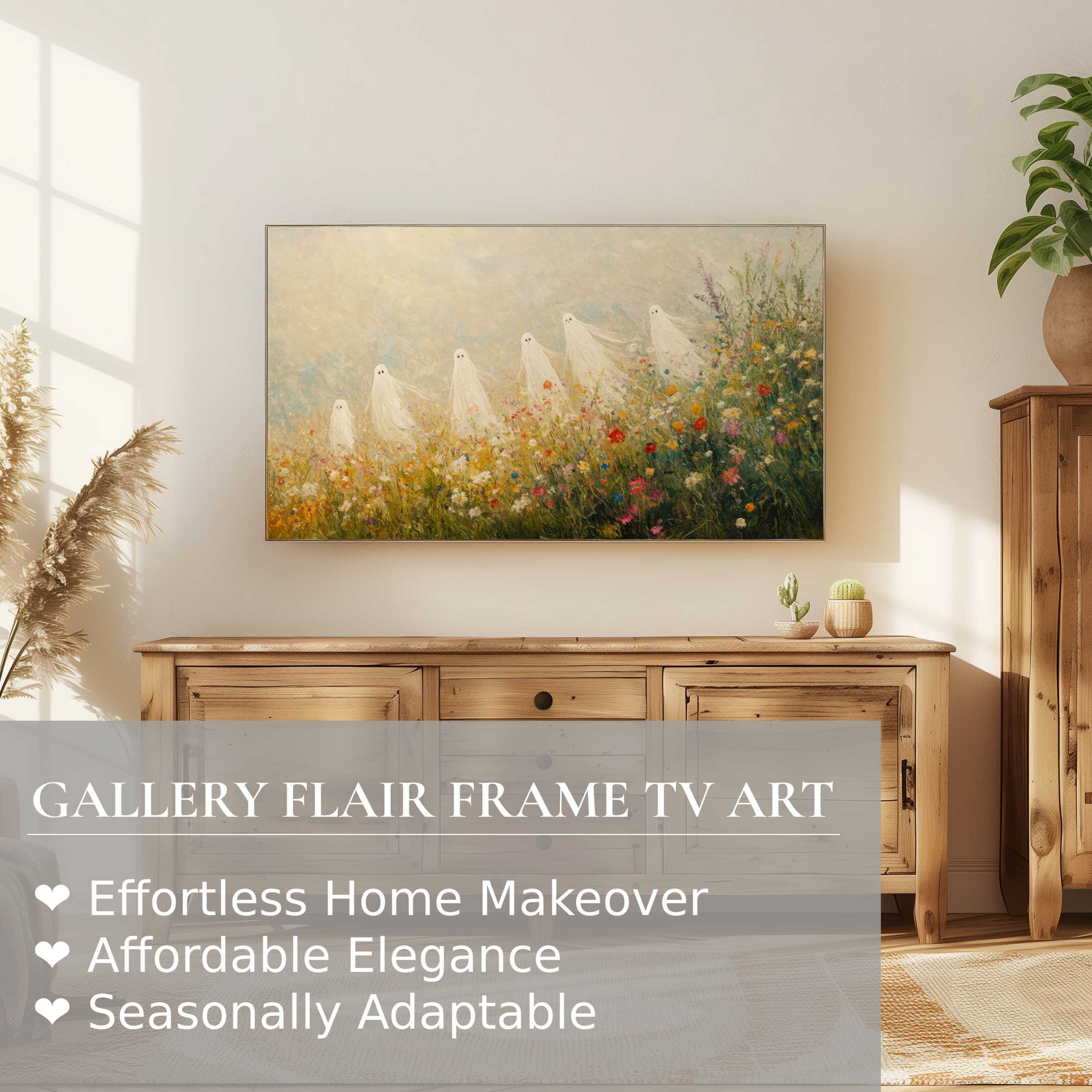 Samsung Frame TV displays elegant Halloween digital artwork of delicate ghosts over a soft floral meadow in a modern setting