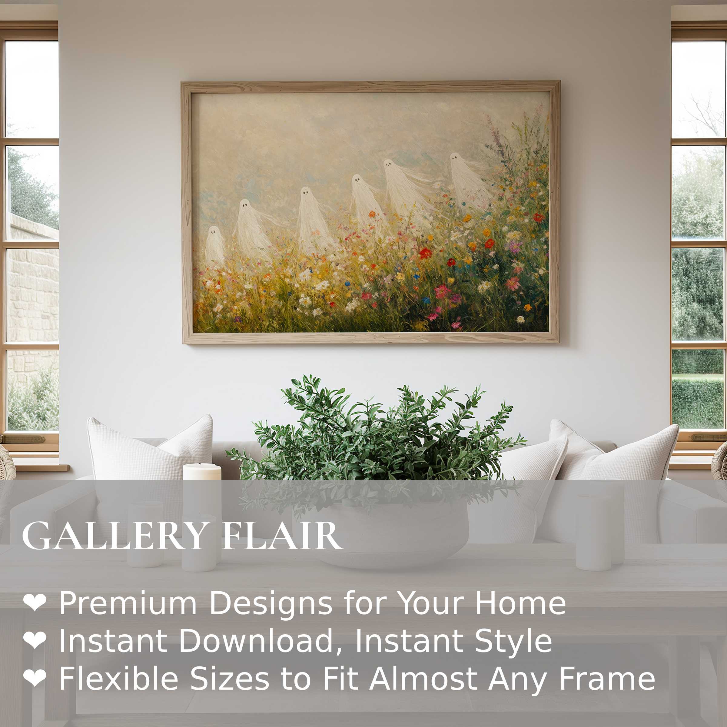 Ethereal halloween wall art print with whimsical ghost figures drifting above vibrant wildflowers, enhancing a serene modern farmhouse interior
