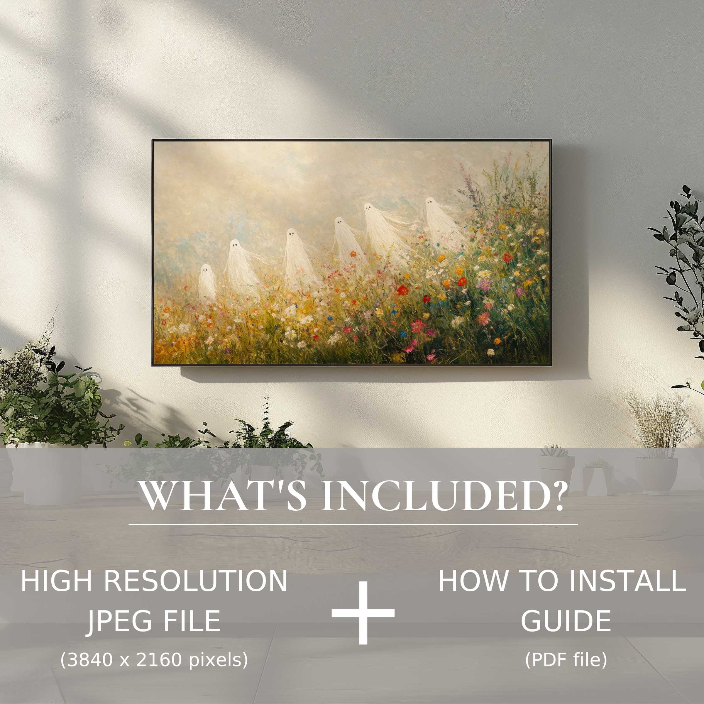 Elegant living room showcasing a whimsical halloween digital TV art download with easy digital use enhancing modern decor