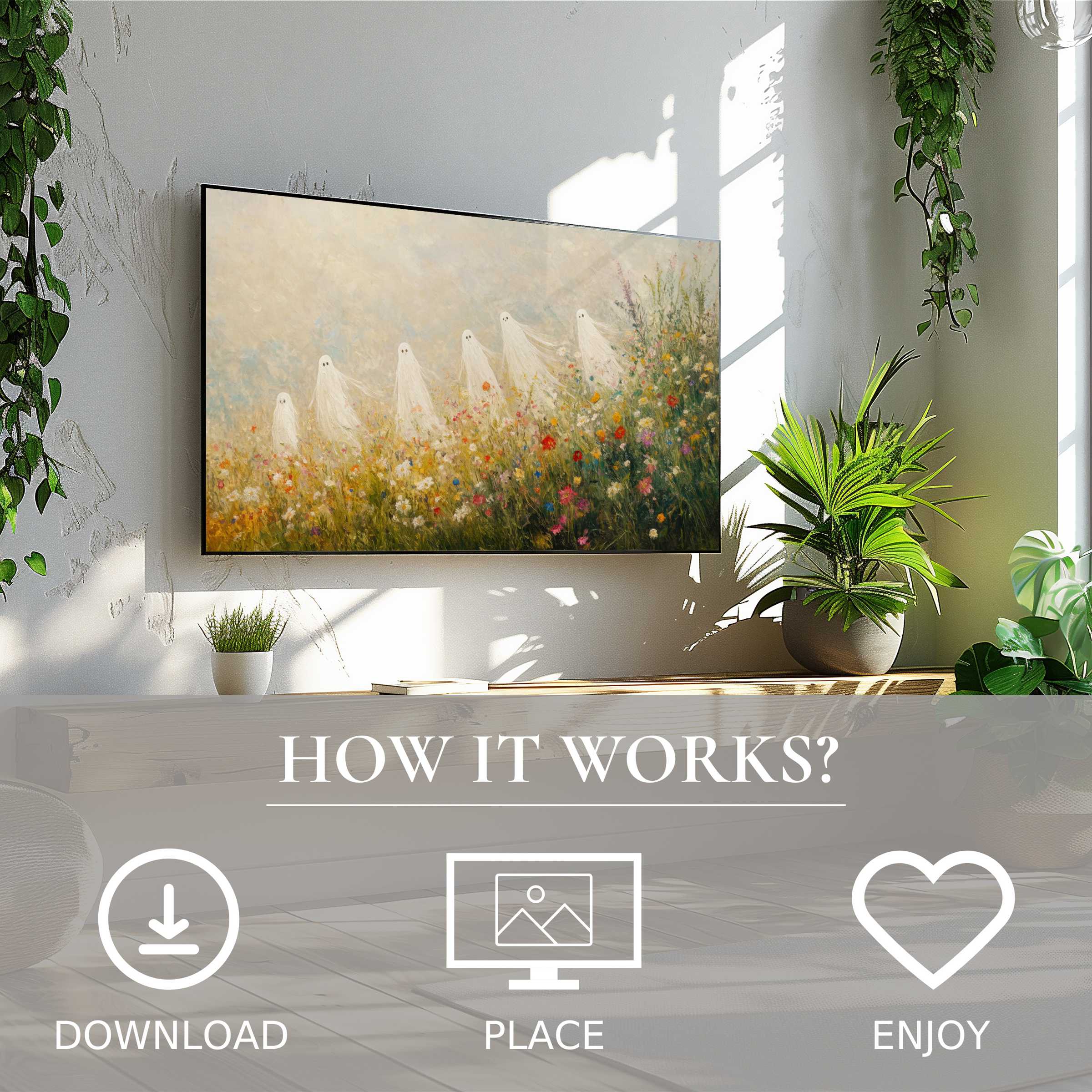Modern living room with airy plants and easy digital download halloween art for Samsung TV showing ghost motifs in soft floral hues