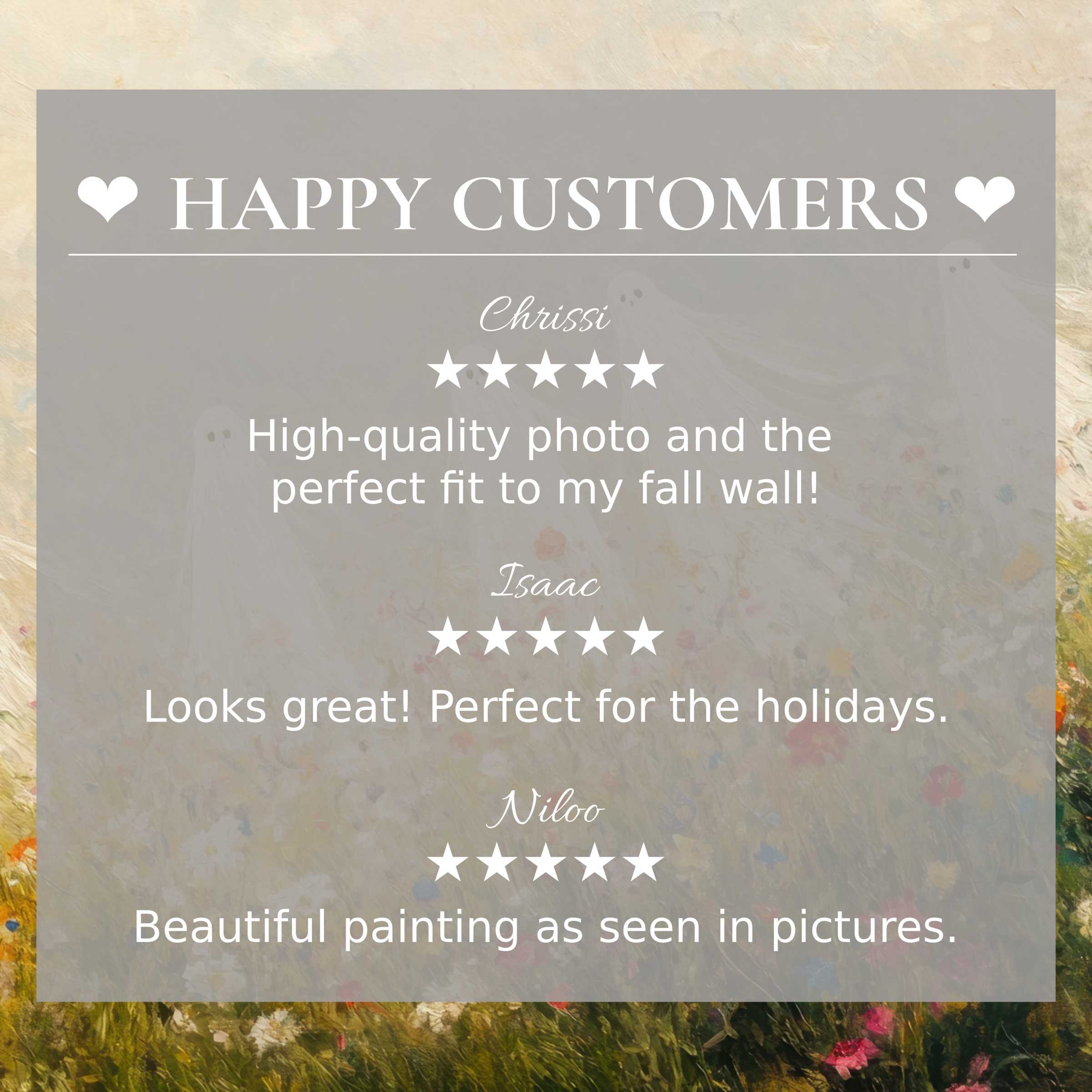 Elegant background with soft floral hues and subtle ghosts, highlighting happy customer reviews for refined halloween art for Frame TV