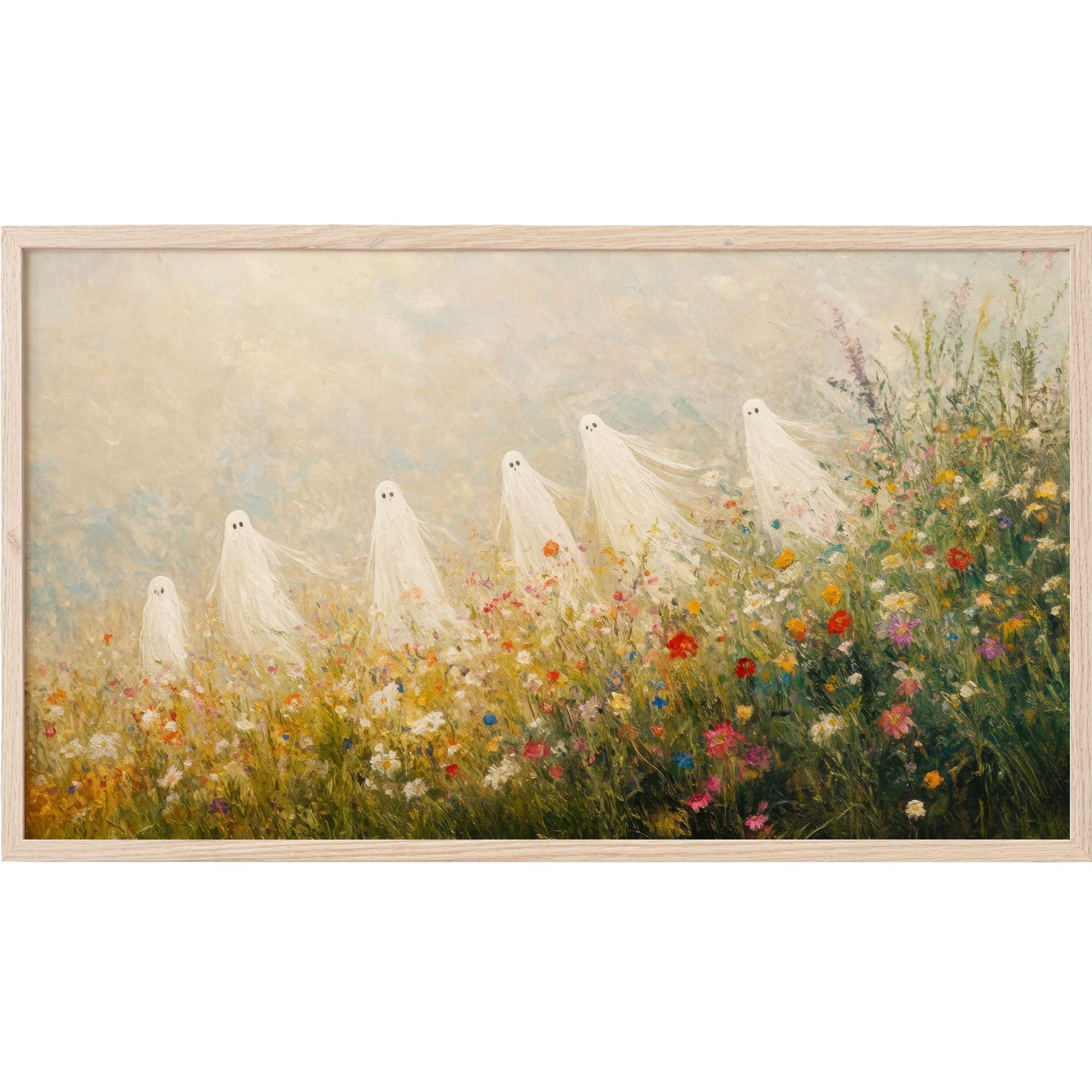 Elegant impressionist art of delicate white ghosts drifting over a vibrant wildflower meadow, halloween Frame TV Art