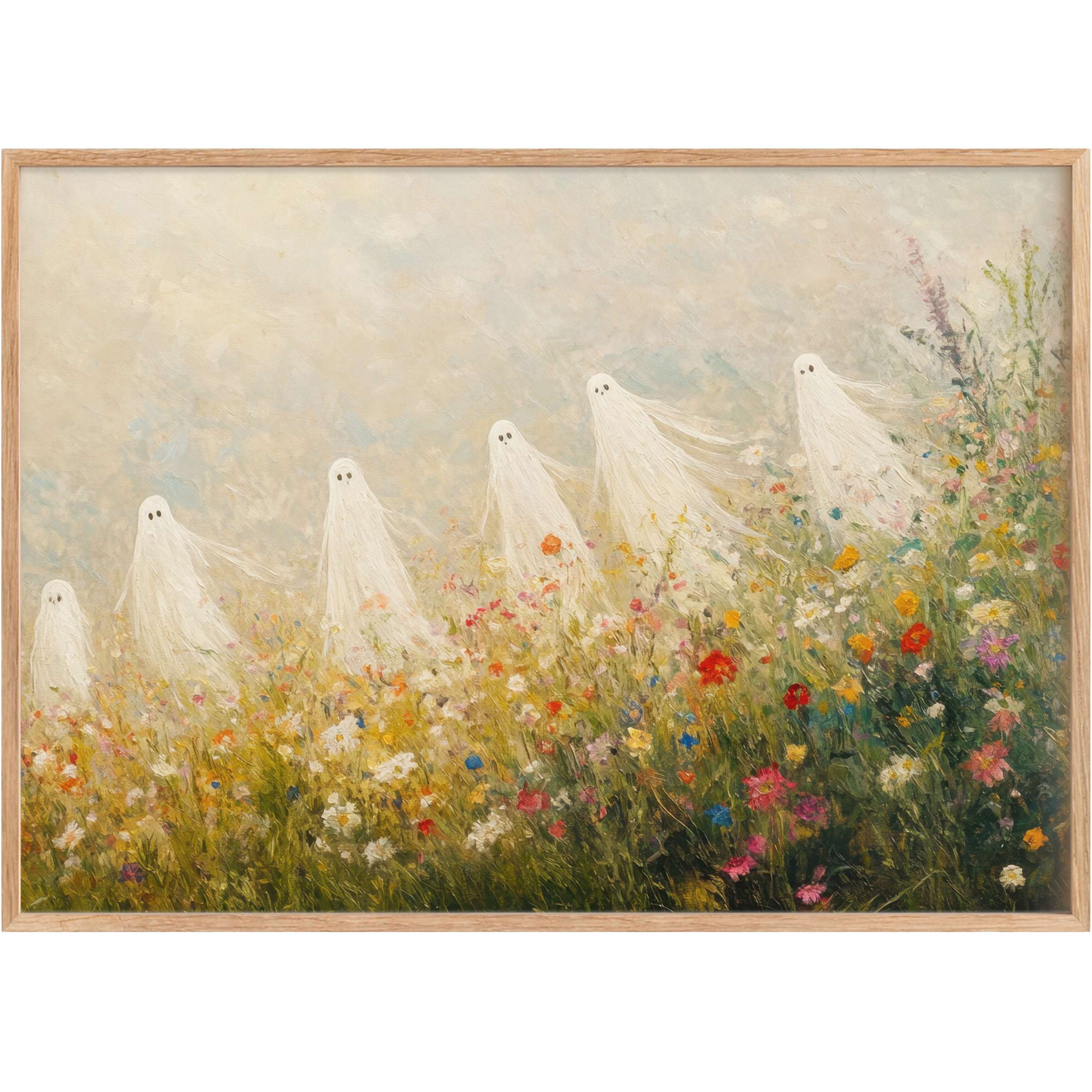 Ethereal Halloween printable wall art with whimsical white ghosts dancing through a vibrant meadow, blending soft pastels and lively florals for a serene, enchanting ambiance