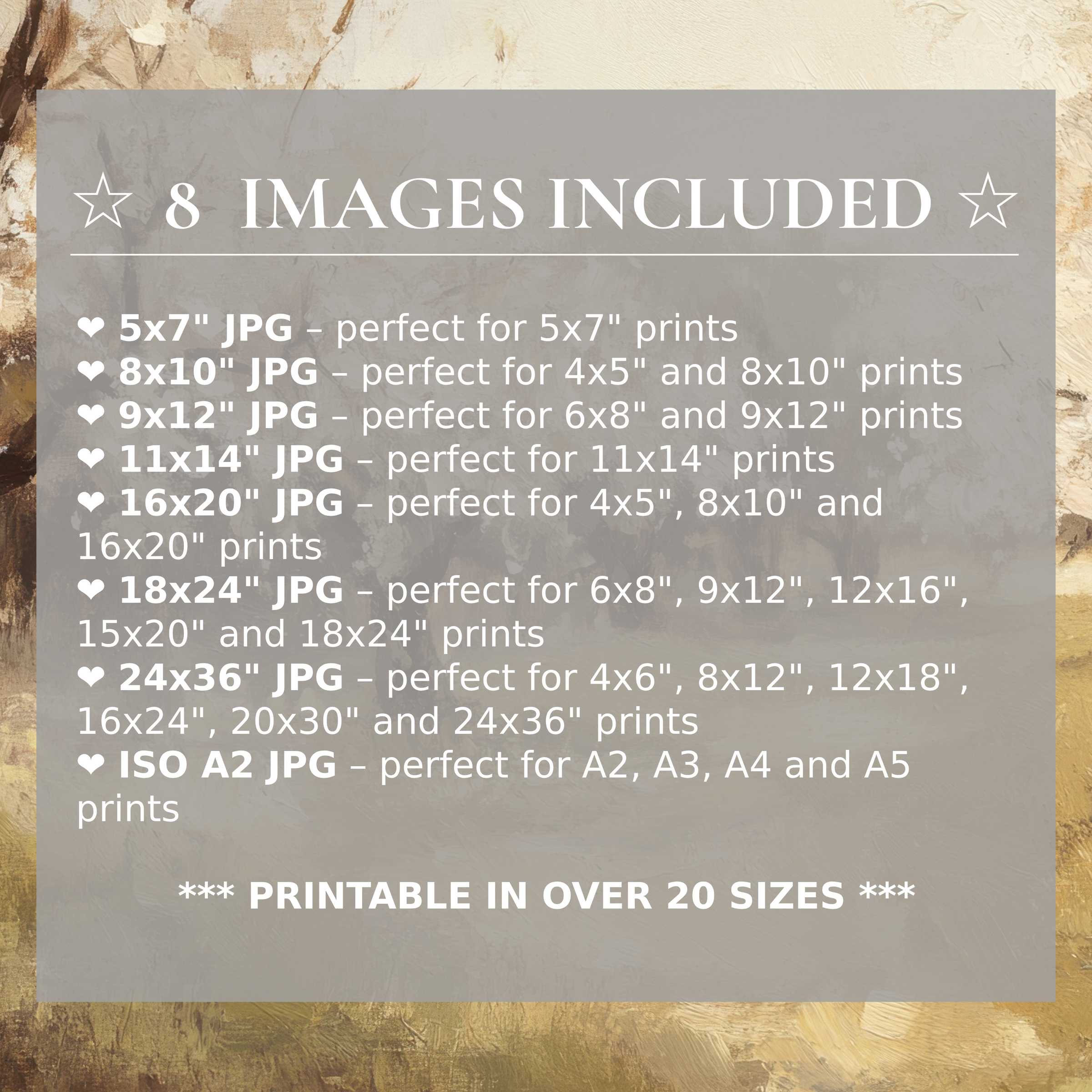 Print size guide showing 8 included JPG formats for versatile wall art printing – perfect for framing in popular sizes from 5x7 to 24x36 and A2