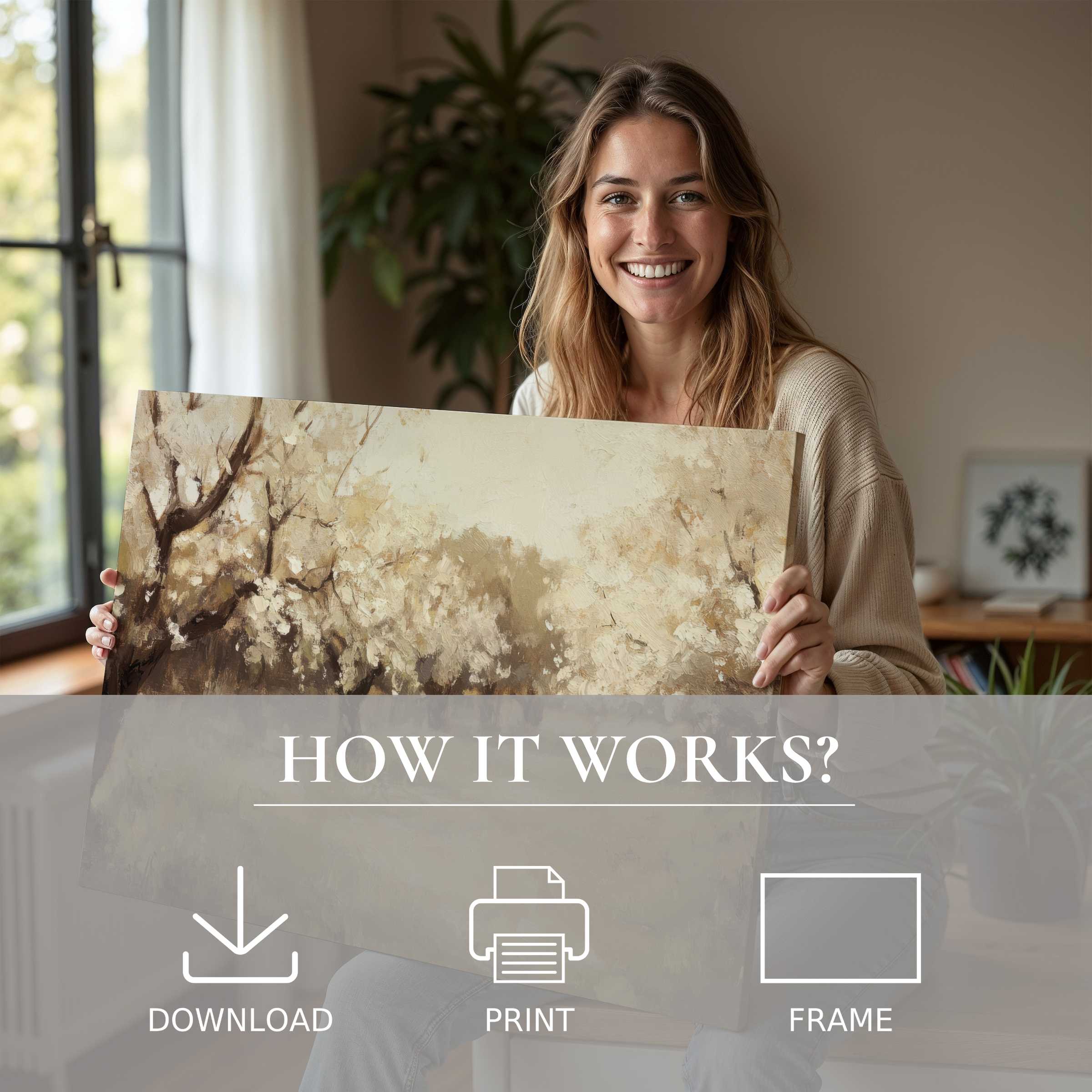 A joyful moment of connection with a tree digital art print in warm earthy tones, enriching a modern home