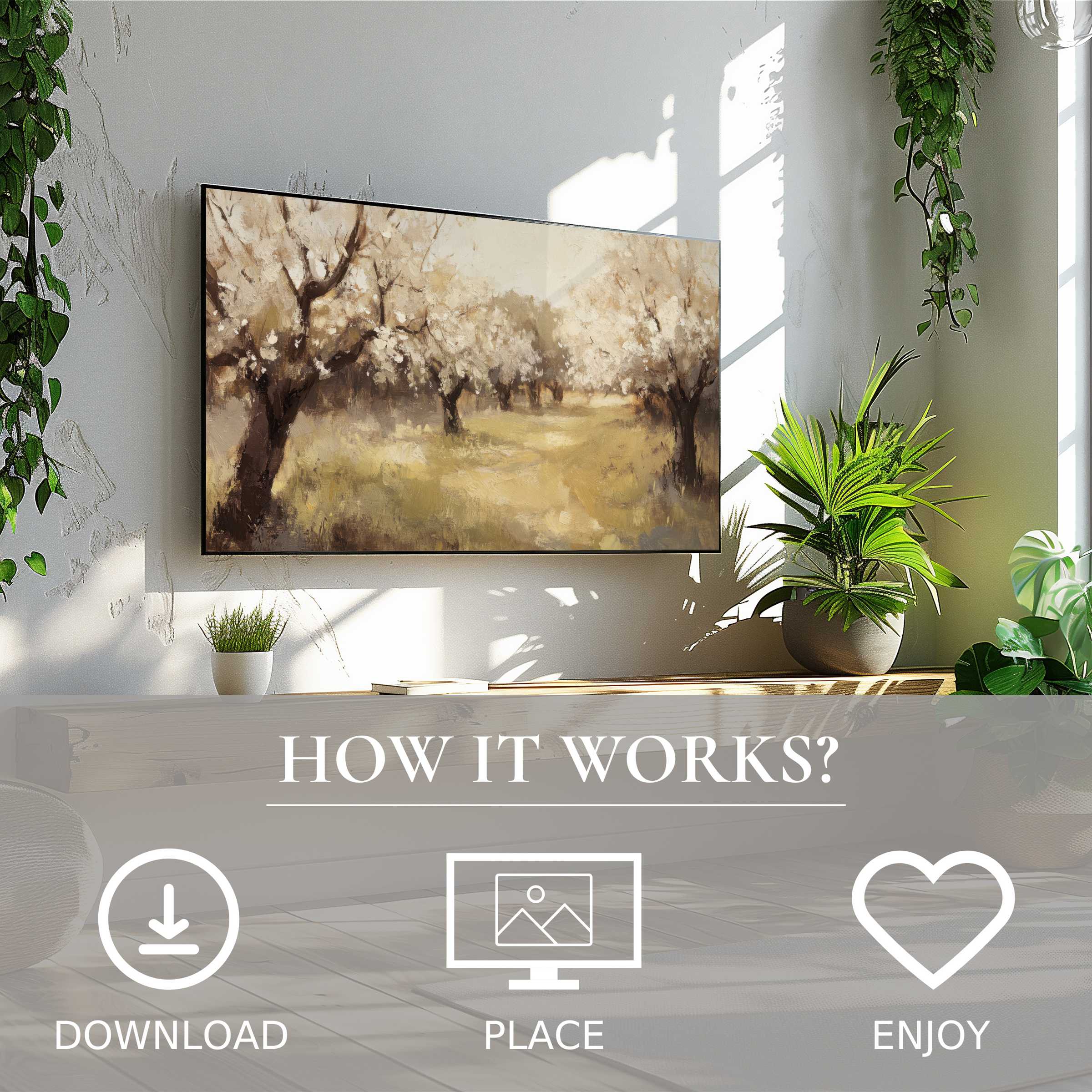 Tree art for Samsung TV shows soft sunset tones; easy digital download enriches modern living spaces with warm nature scenes