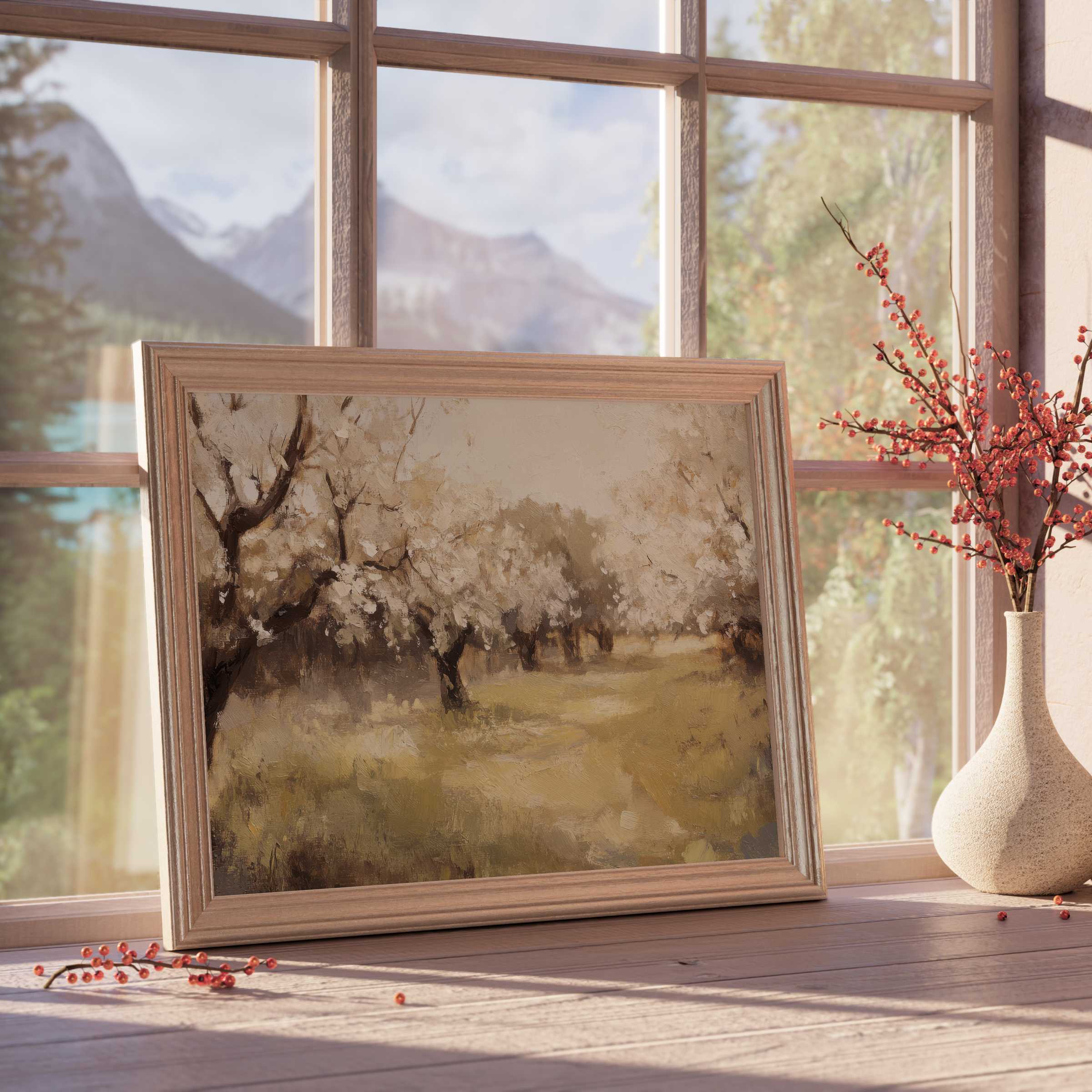 Serene tree downloadable art capturing a tranquil orchard bathed in soft light, perfect for curated, elegant interiors