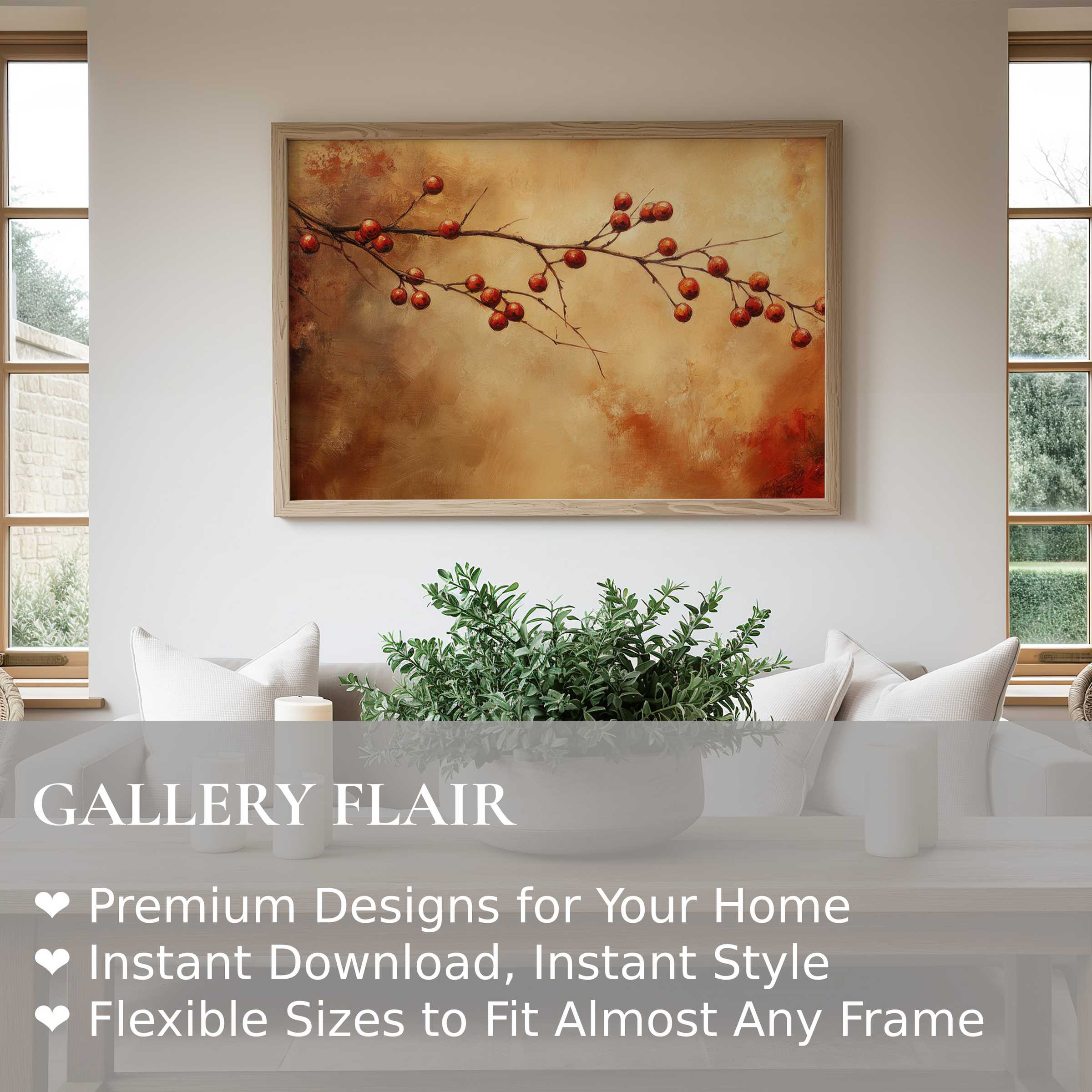 Fall wall art print featuring radiant red berries on a soft amber background, enhancing modern minimalist interiors with warm, natural elegance