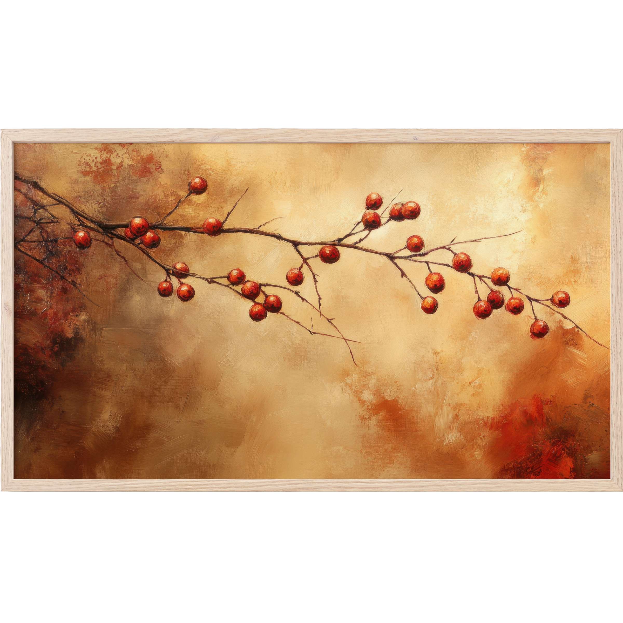 Fall Frame TV Art featuring delicate branches with red berries against a warm, textured amber and rust background