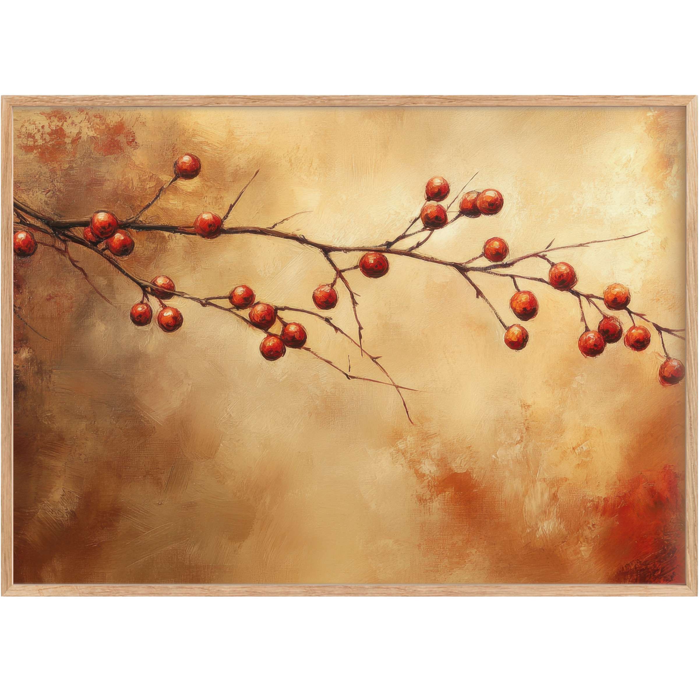Elegant fall printable wall art featuring vibrant red berries on delicate branches, evoking a warm, inviting autumnal glow