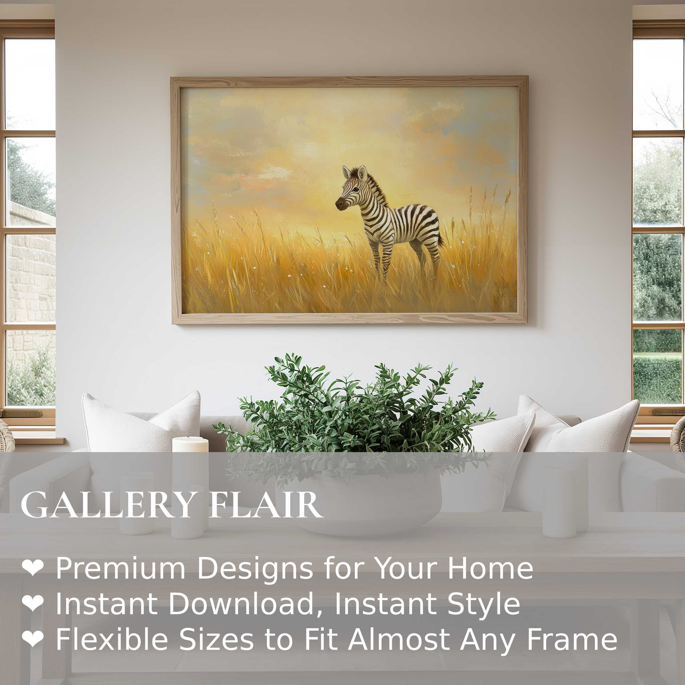 Nursery wall art print featuring a radiant zebra calf in soft golden fields, blending modern nature charm with serene, stylish nursery decor